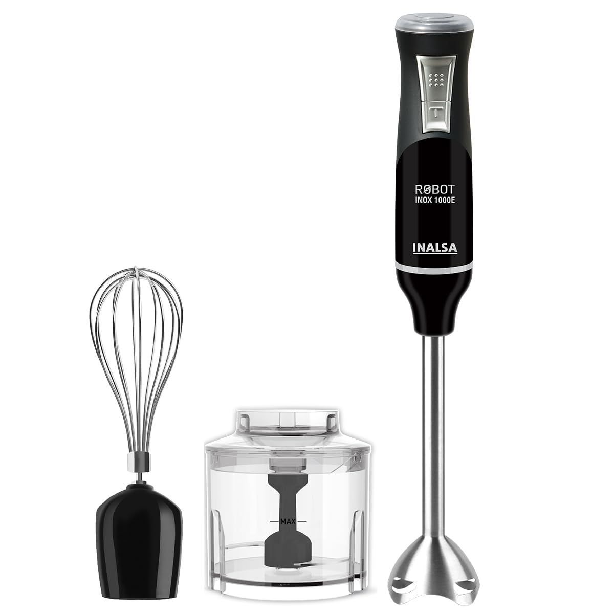 INALSA Hand Blender with Chopper, Whisker| Variable Speed & Turbo Speed Function|100% Copper Motor|1Liter|Low Noise |Anti-Splash Technology|Home&kitchen|2 Year Warranty (Robot Inox 1000E)