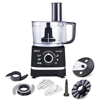 INALSA Food Processor for Kitchen with 800 W Copper Motor|1.4 L Main Bowl Capacity |2 Speed Setting with Pulse Function|7 Accessories| chopping| kneading| shredding|Child Lock Safety (Black)-Easy Prep INALSA Food Processor for Kitchen with 800 W Copper Motor|1.4 L Main Bowl Capacity |2 Speed Setting with Pulse Function|7 Accessories| chopping| kneading| shredding|Child Lock Safety (Black)-Easy Prep