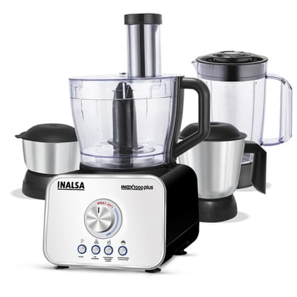 INALSA food processor for kitchen with Mixer Grinder Juicer, Copper Motor 1000 W, 25 Speeds Knob,14 Functions,3 Pre-set Buttons, Food Grade Blender Jar,304 SS Grade 2 Jars- INOX 1000 Plus INALSA food processor for kitchen with Mixer Grinder Juicer, Copper Motor 1000 W, 25 Speeds Knob,14 Functions,3 Pre-set Buttons, Food Grade Blender Jar,304 SS Grade 2 Jars- INOX 1000 Plus