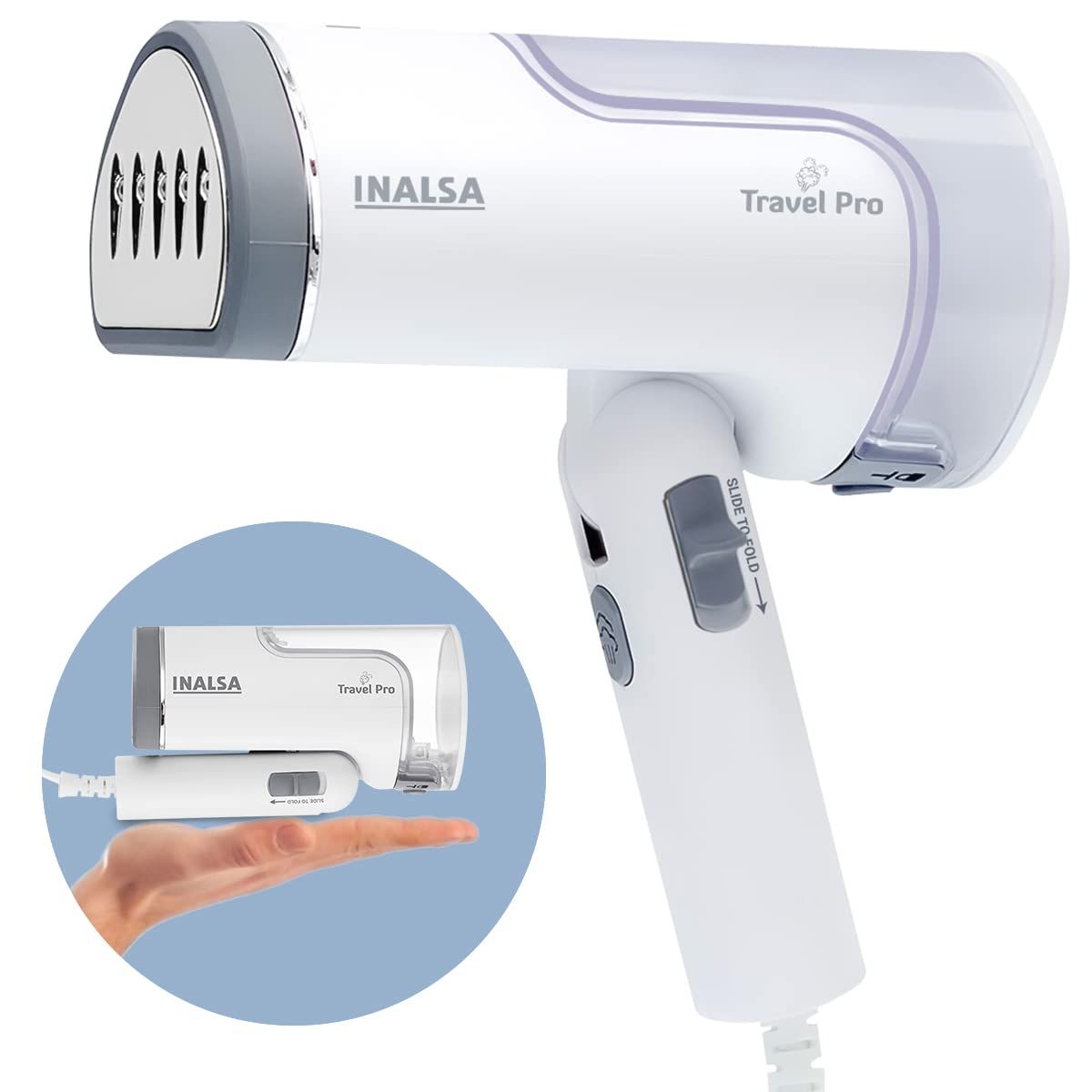 INALSA Garment Steamer 1250 W Steam Iron for Clothes-Vertical & Horizontal Ironing|Compact & Foldable|Quick Heat up to 22g/min, Kills 99.9%*Bacteria|steamer for clothes(White/Grey)-Travel Pro