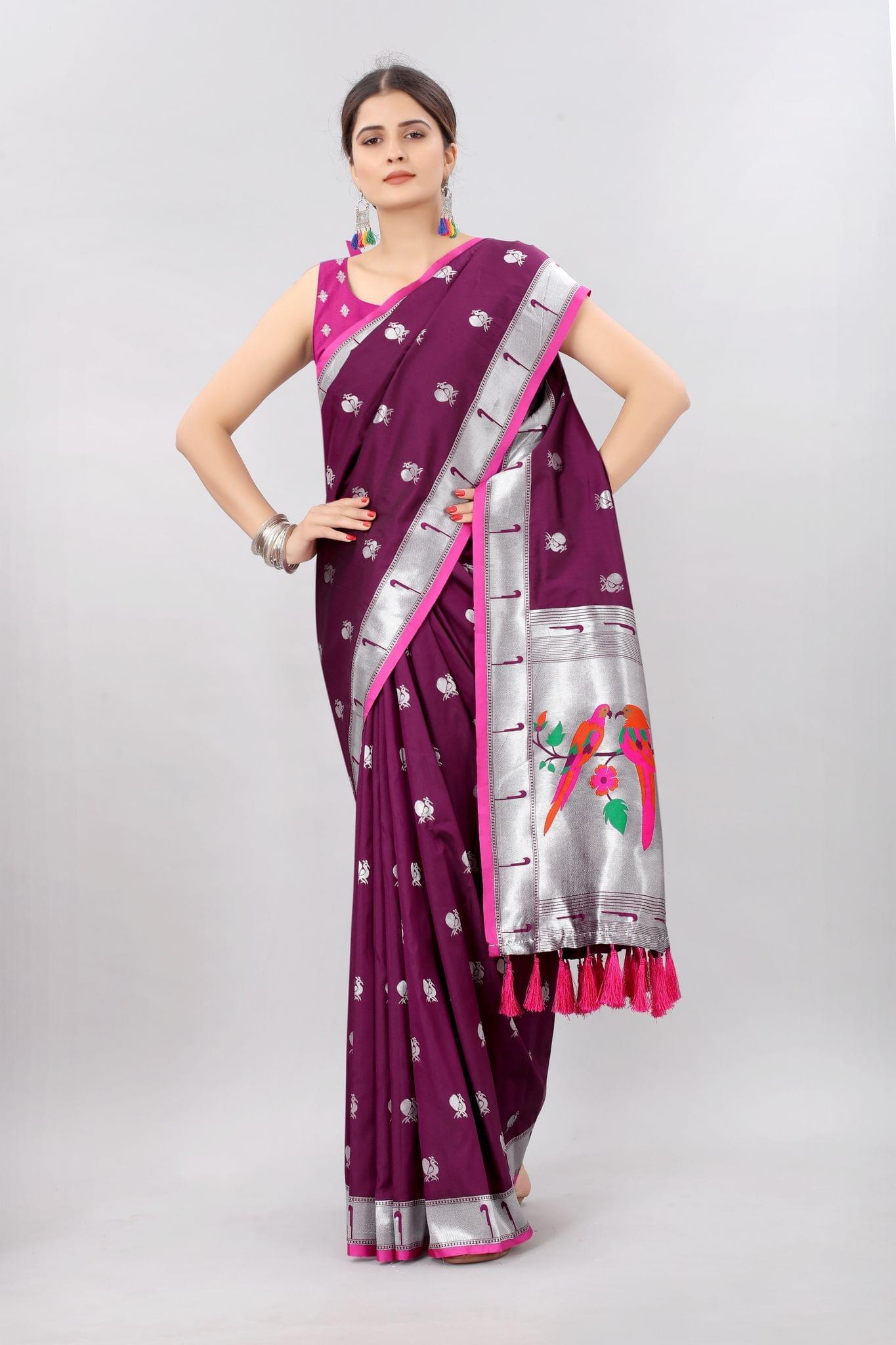 Purple &amp; Gold Toned Woven Soft Silk Banarasi Saree