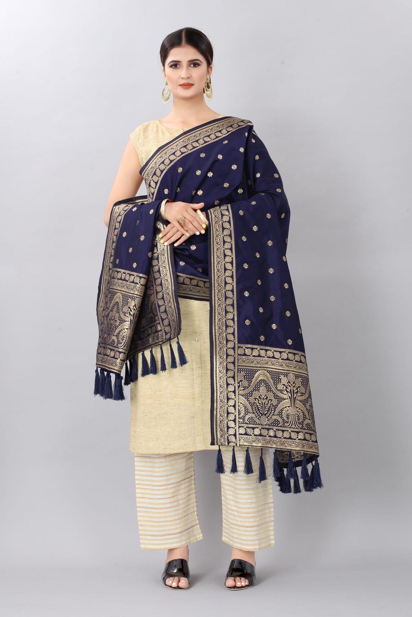 Navy Blue &amp; Gold-Coloured Woven Design Jacquard Banarasi Dupatta