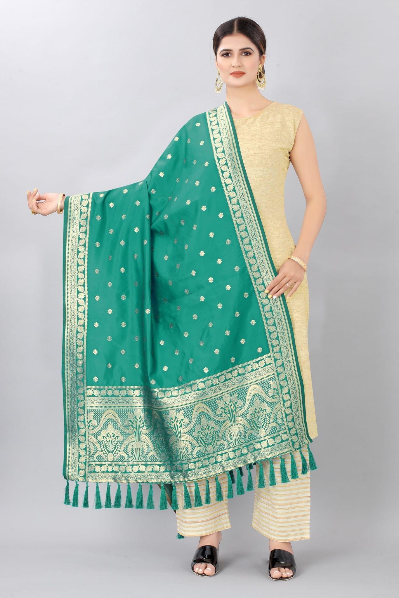 Rama-Gold-Coloured Woven Design Jacquard Banarasi Dupatta