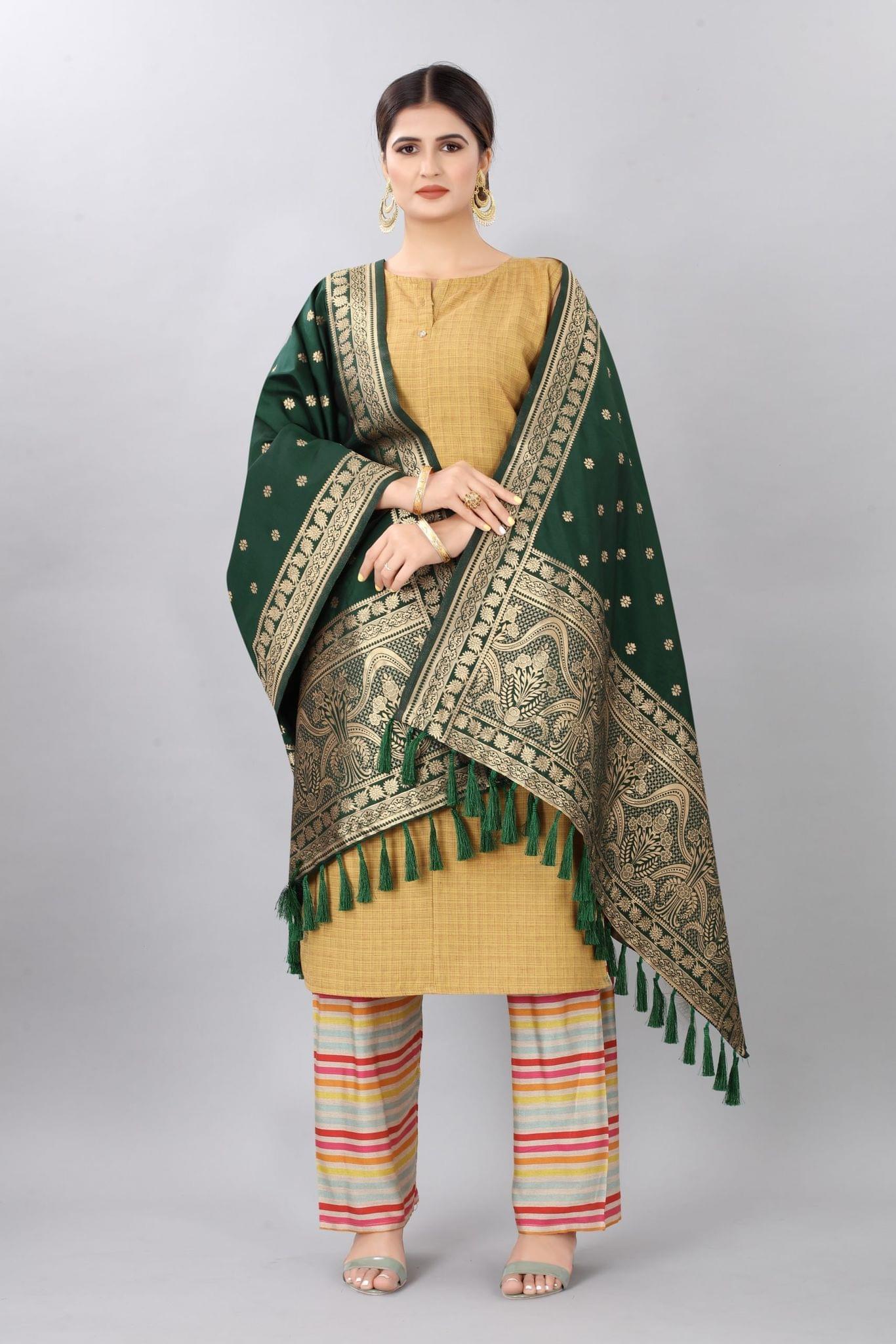 Dark Green &amp; Gold-Coloured Woven Design Jacquard Banarasi Dupatta