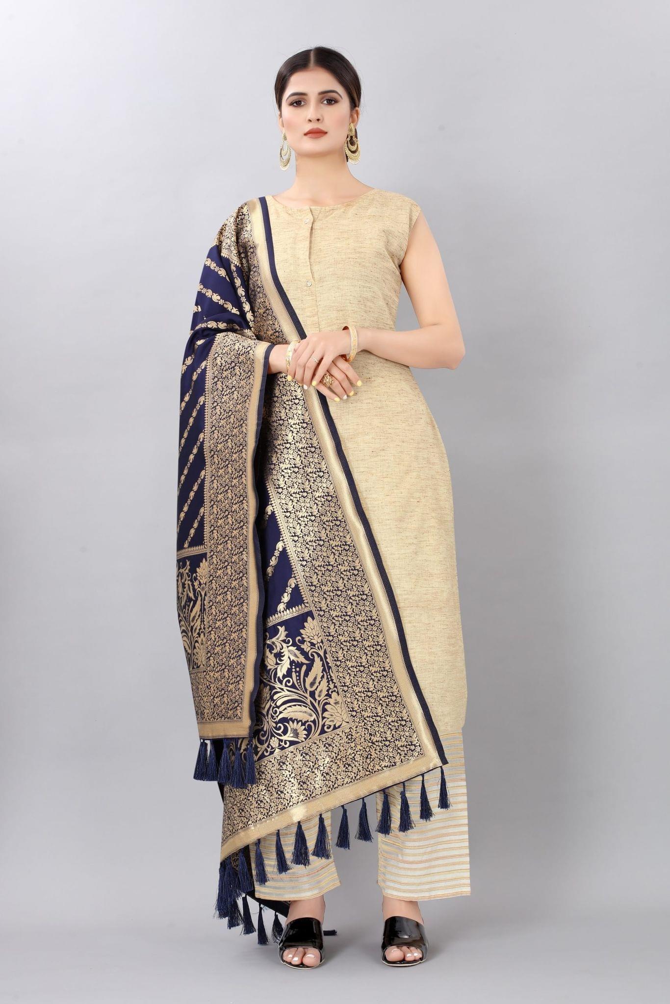 Women Navy Blue &amp; Gold Coloured Striped Dupatta