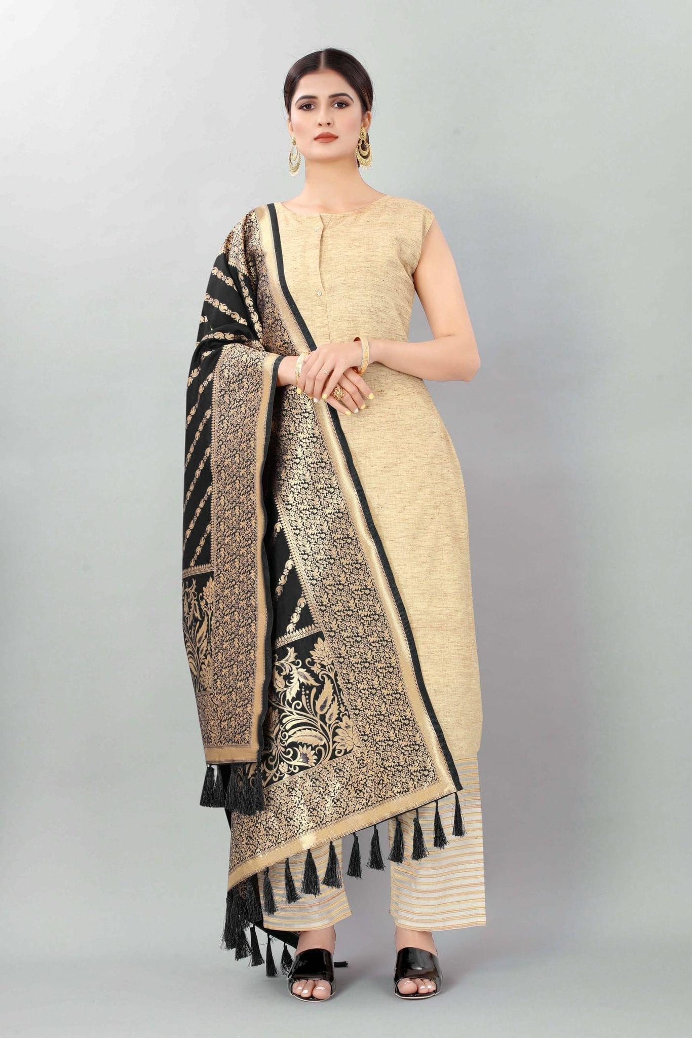 Women Black &amp; Gold Coloured Striped Dupatta