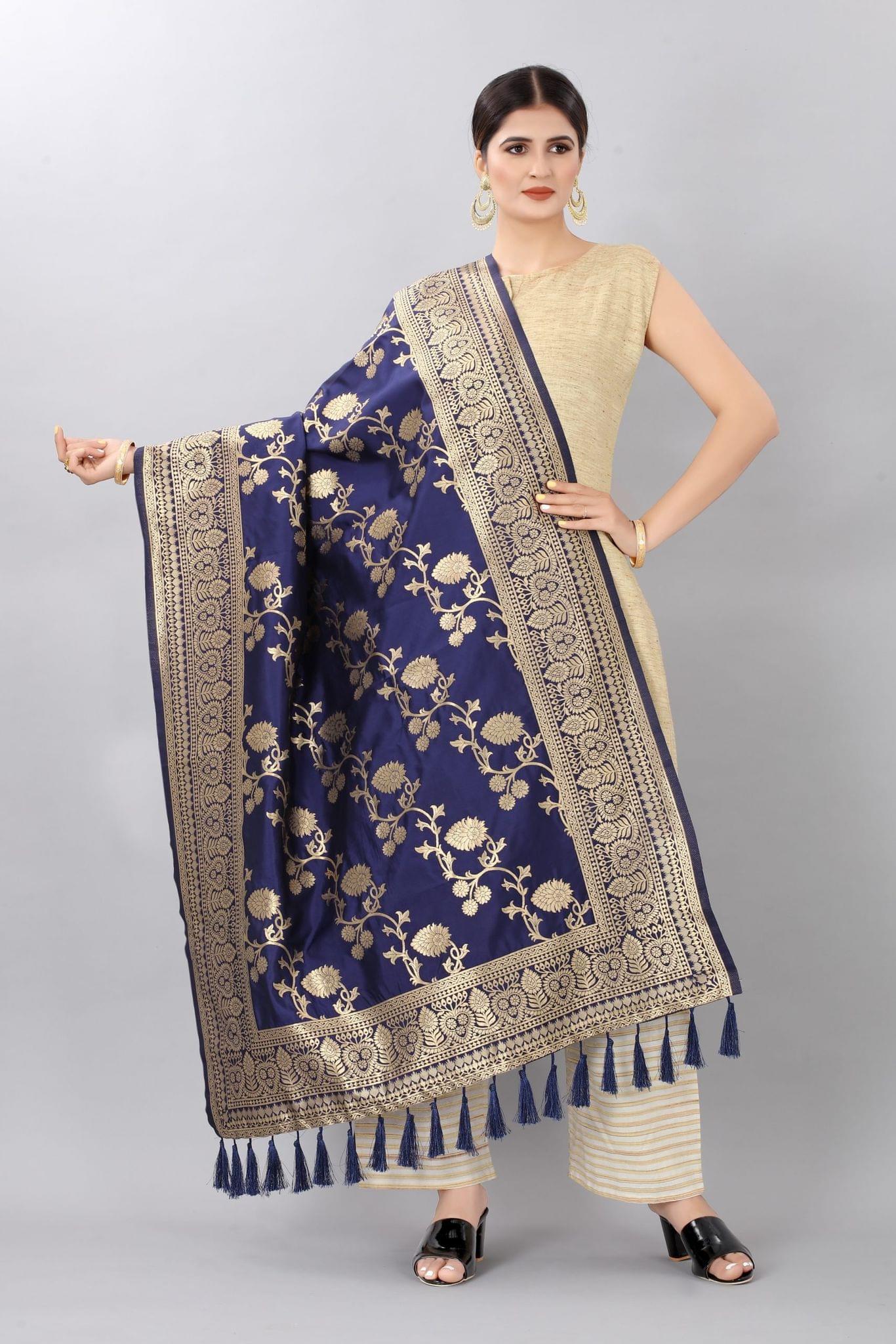 Women Navy Blue &amp; Gold Coloured Jacquared Banarasi Dupatta