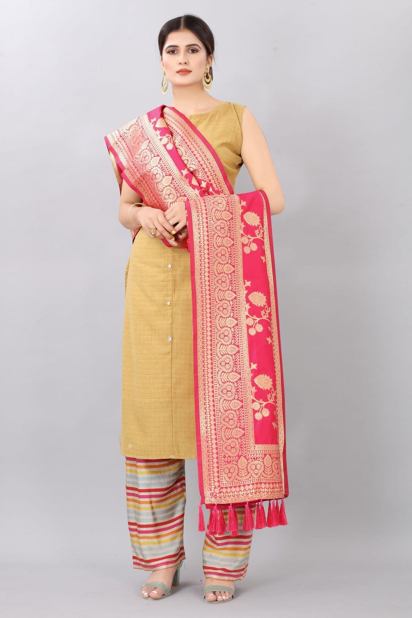 Women Pink &amp; Gold Coloured Jacquared Banarasi Dupatta