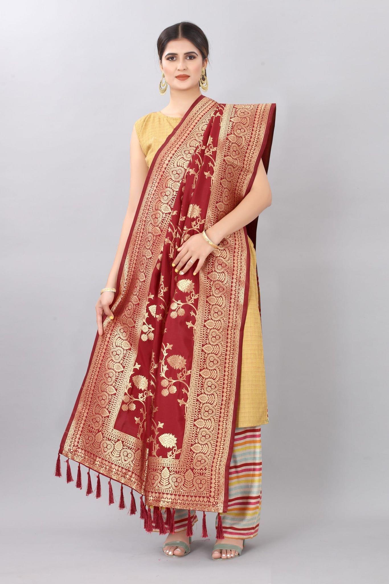 Women Red &amp; Gold Coloured Jacquared Banarasi Dupatta