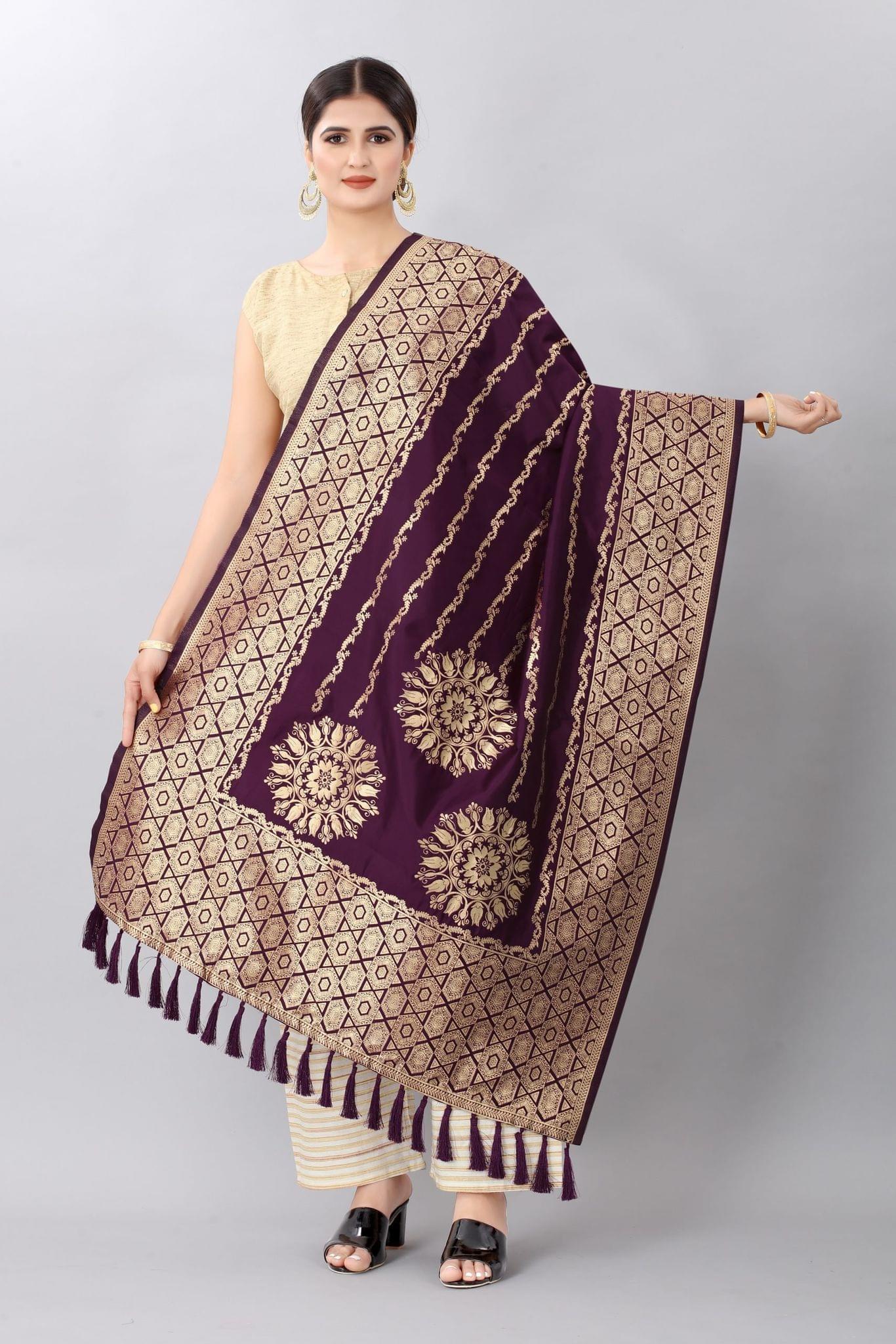 Women Burgandy &amp; Gold Toned Jacquared Banarasi Dupatta
