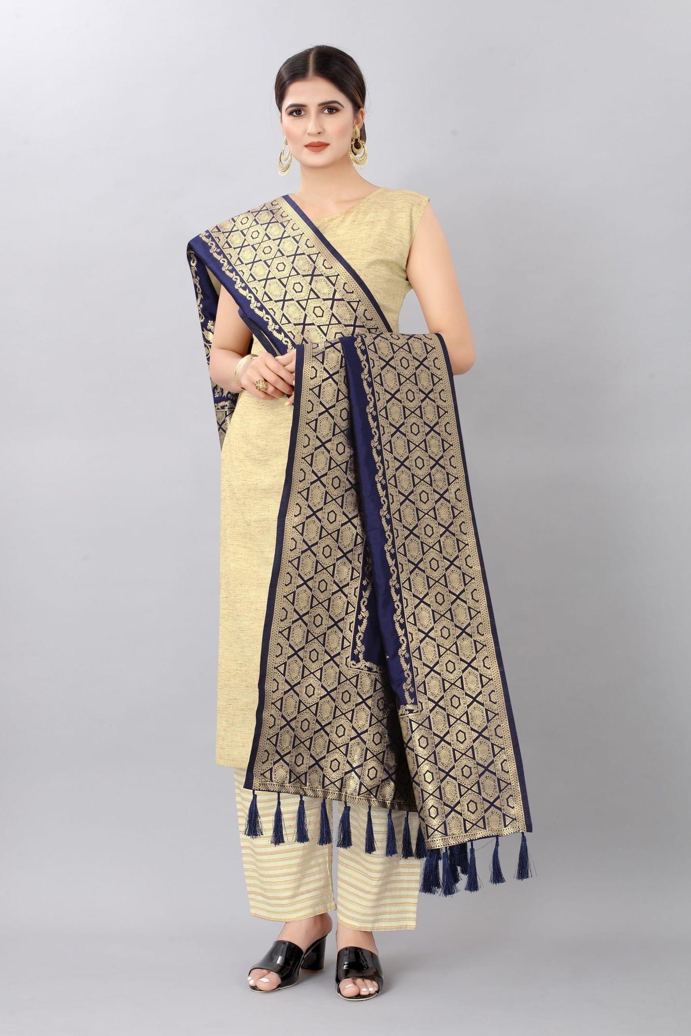 Women Navy Blue &amp; Gold Toned Jacquared Banarasi Dupatta