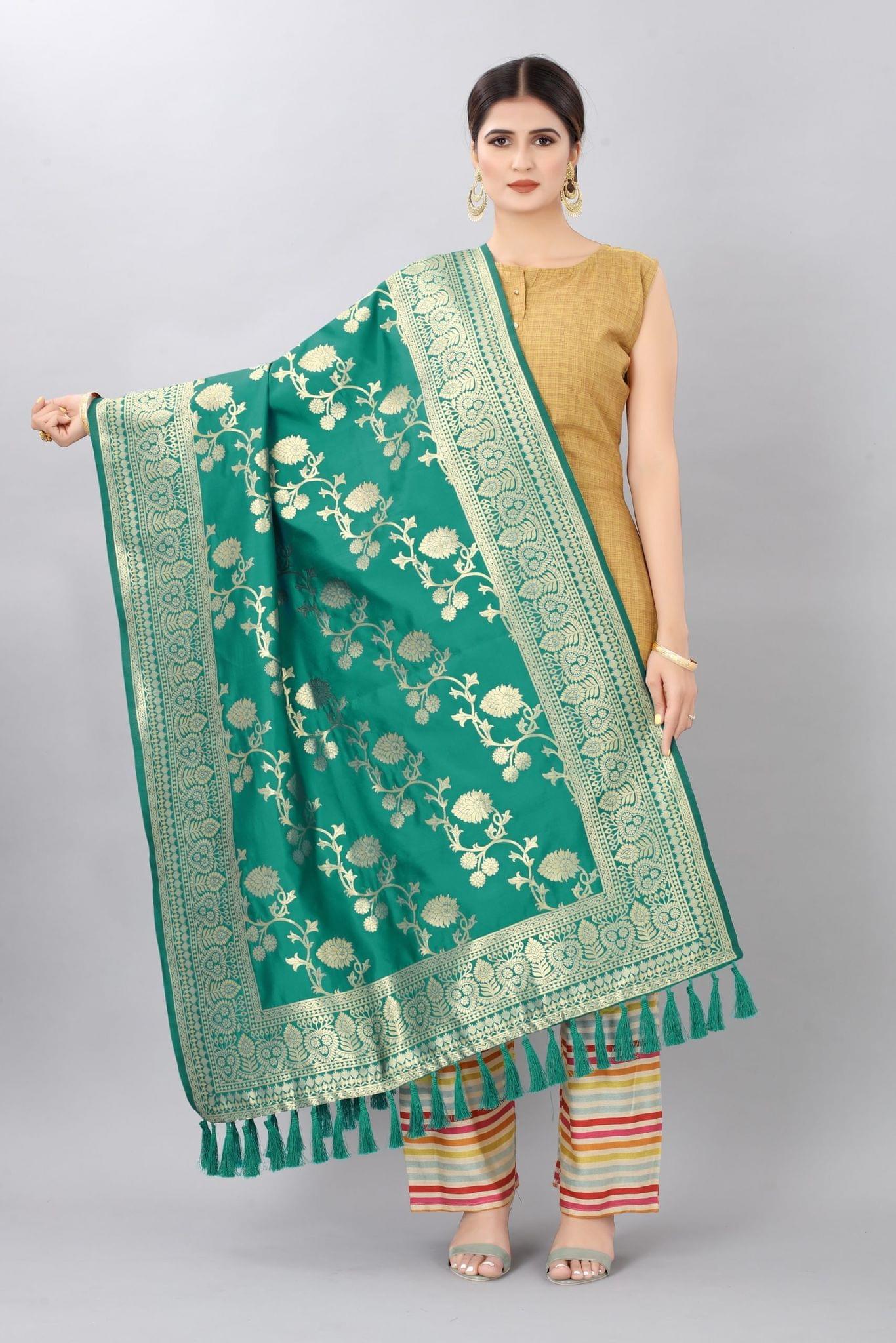 Women Rama &amp; Gold Coloured Jacquared Banarasi Dupatta