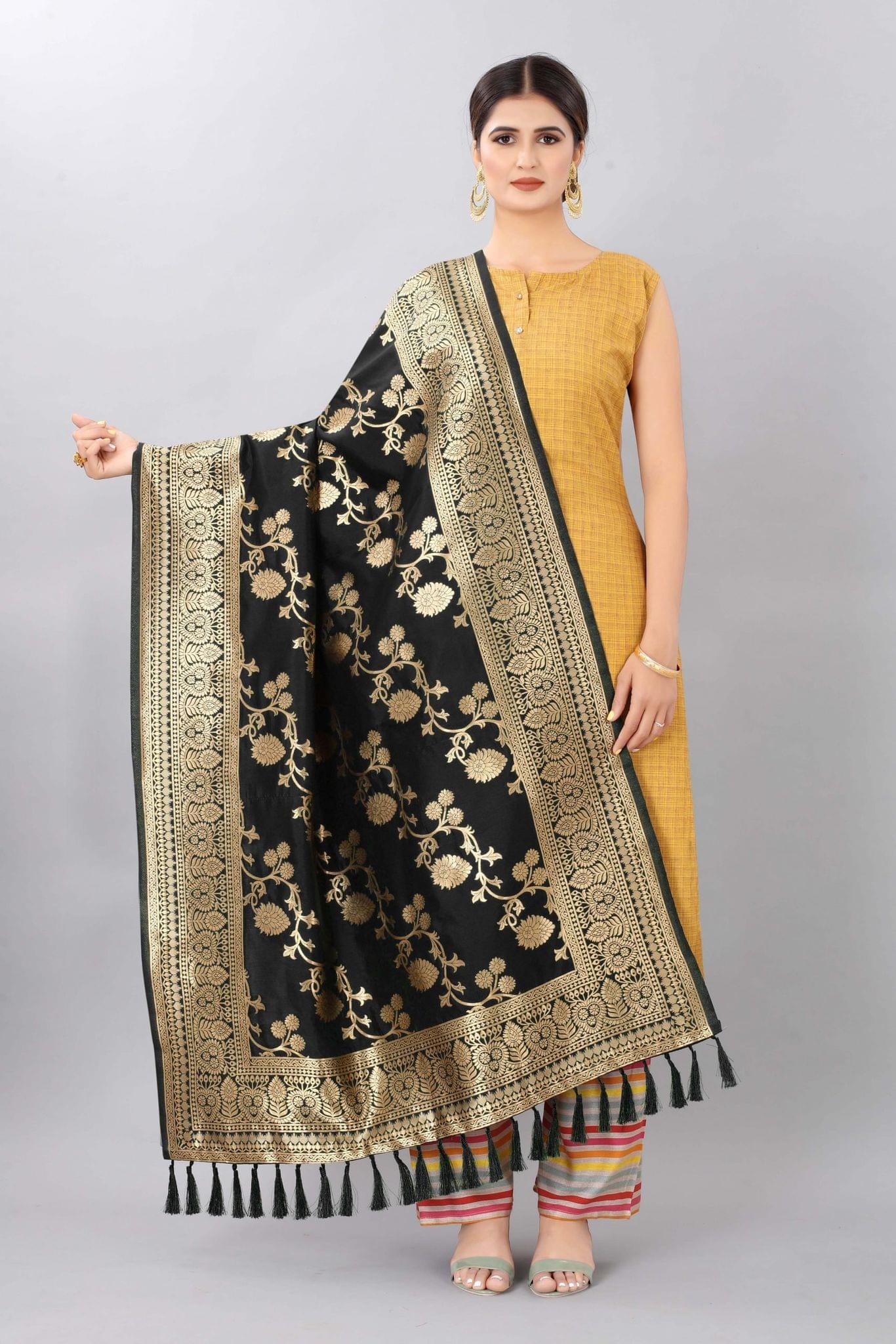 Women Black &amp; Gold Coloured Jacquard Banarasi Dupatta