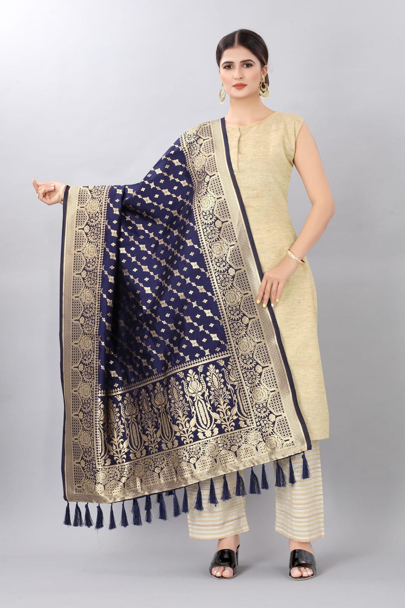Navy Blue-Gold Toned Woven Diesign Banarasi Dupatta