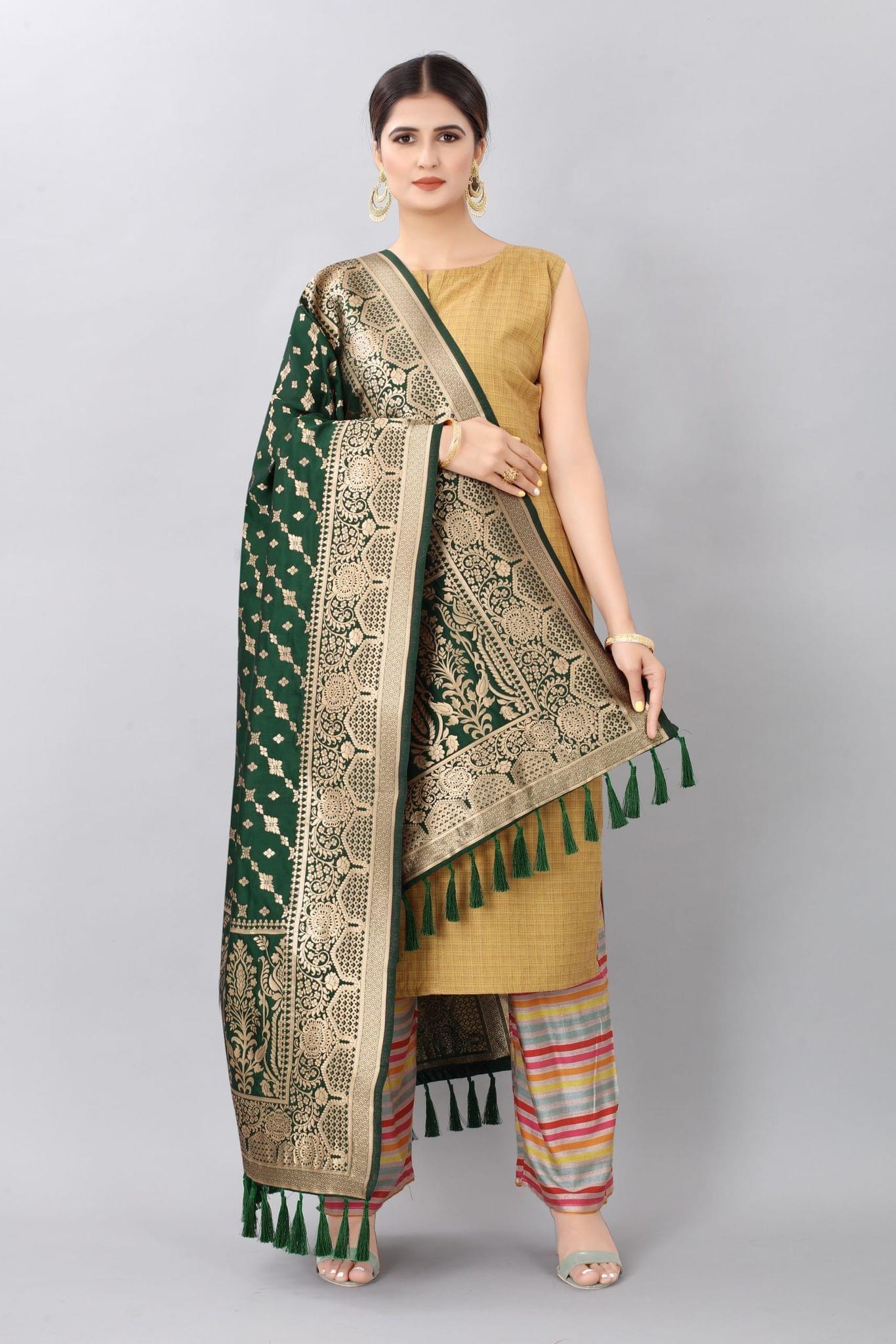 Dark Green -Golden Toned Woven Design Banarasi Dupatta