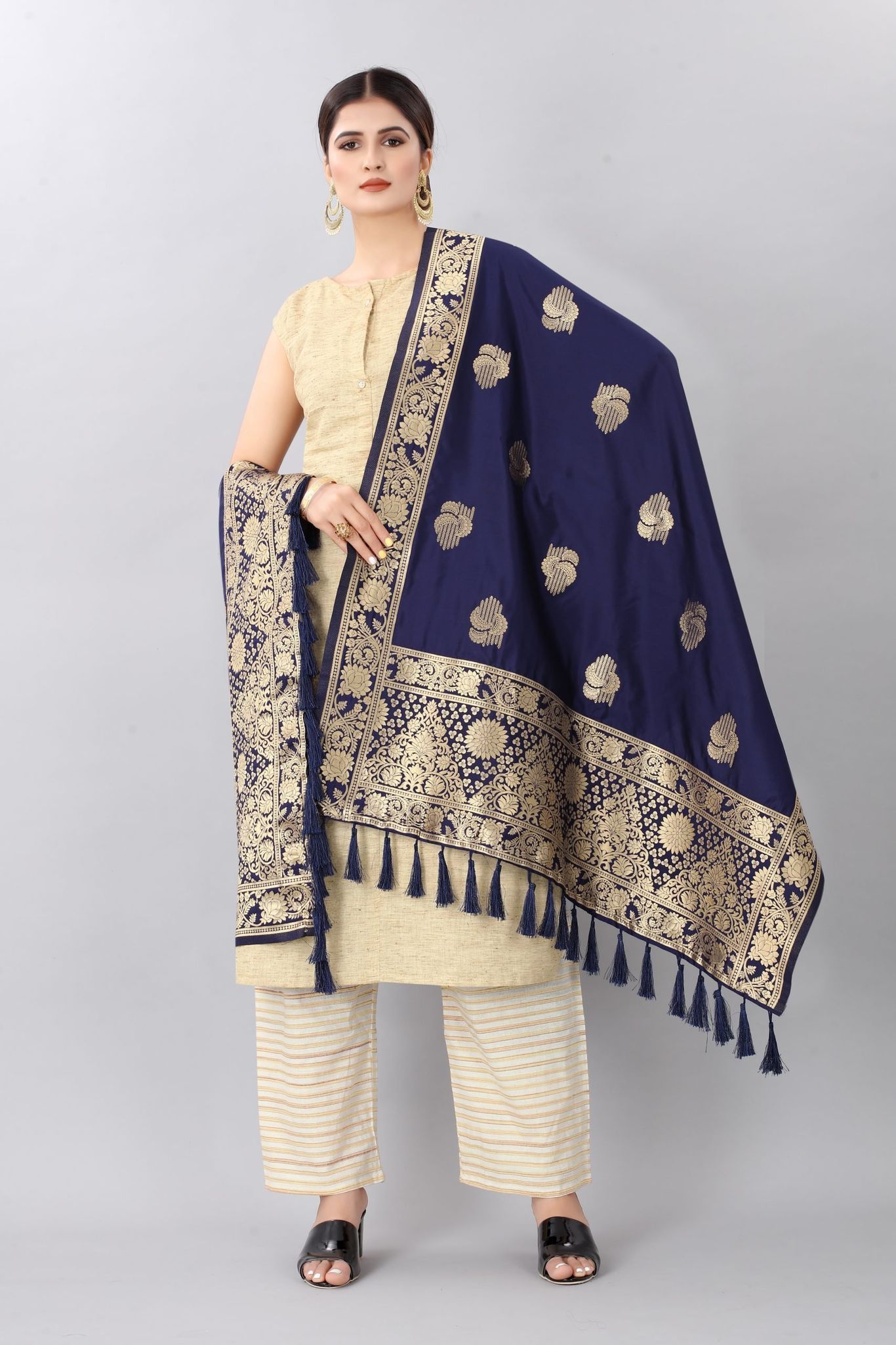 Women Navy Blue &amp; Gold Coloured Jacquared Banarasi Dupatta