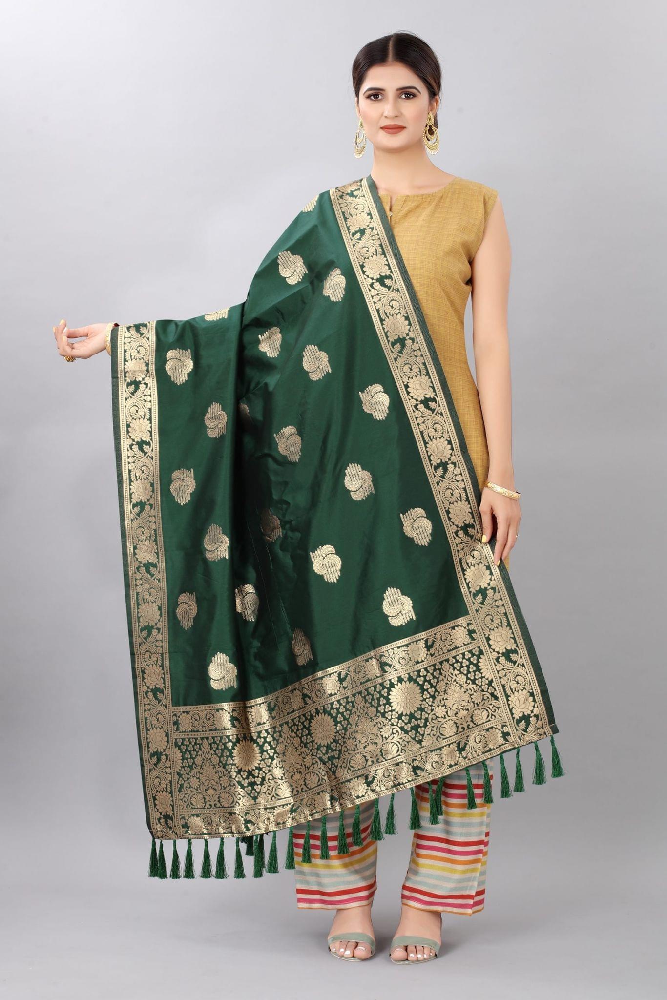 Women Dark Green &amp; Gold Coloured Jacquared Banarasi Dupatta