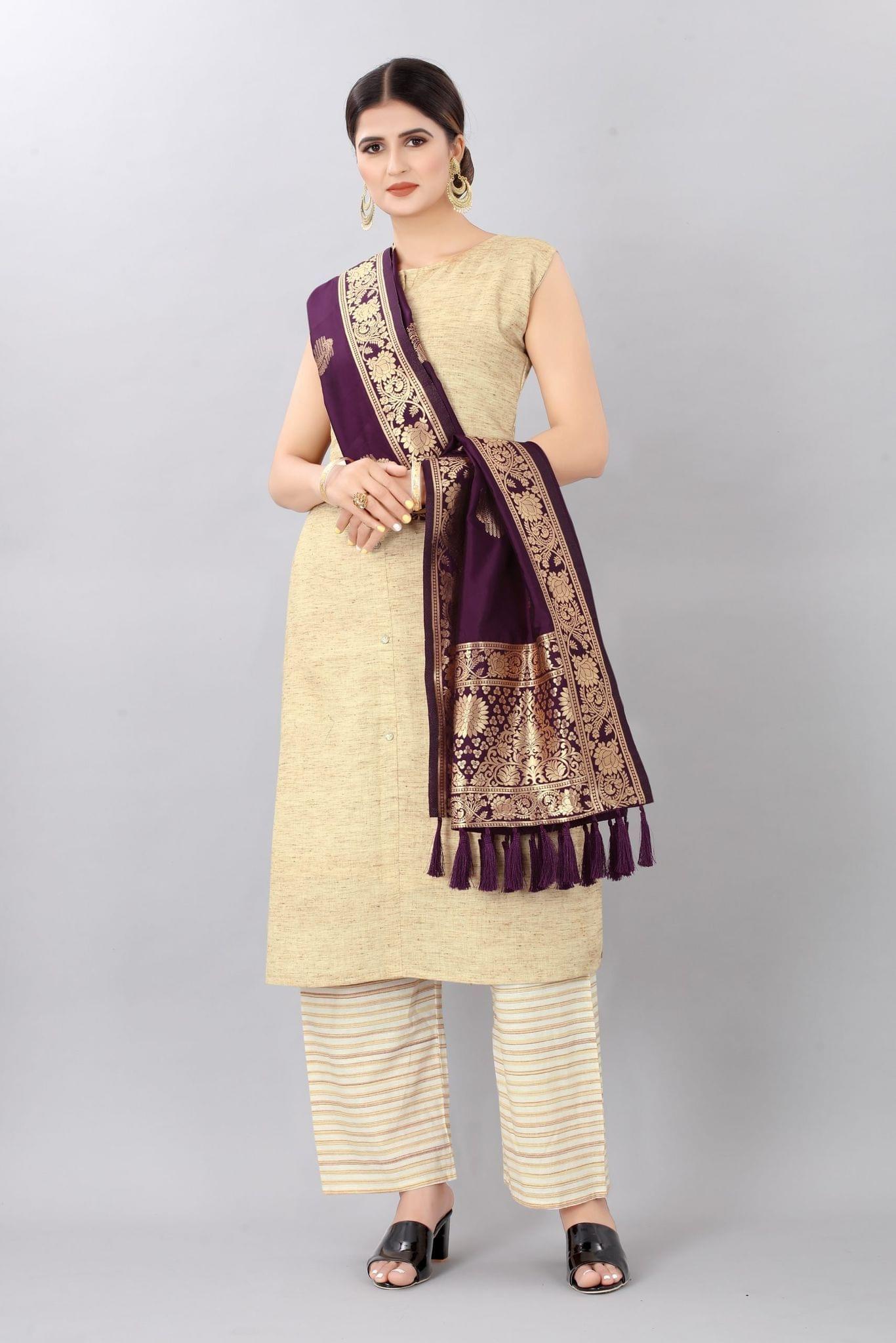 Women Burgandy &amp; Gold Coloured Jacquared Banarasi Dupatta