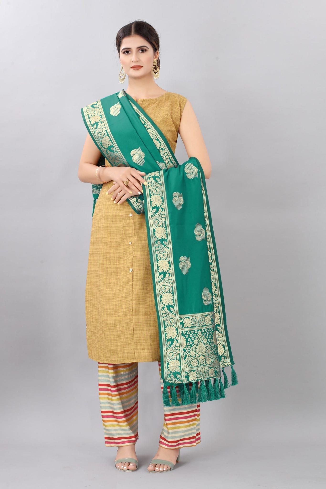 Women Rama &amp; Gold Coloured Jacquared Banarasi Dupatta