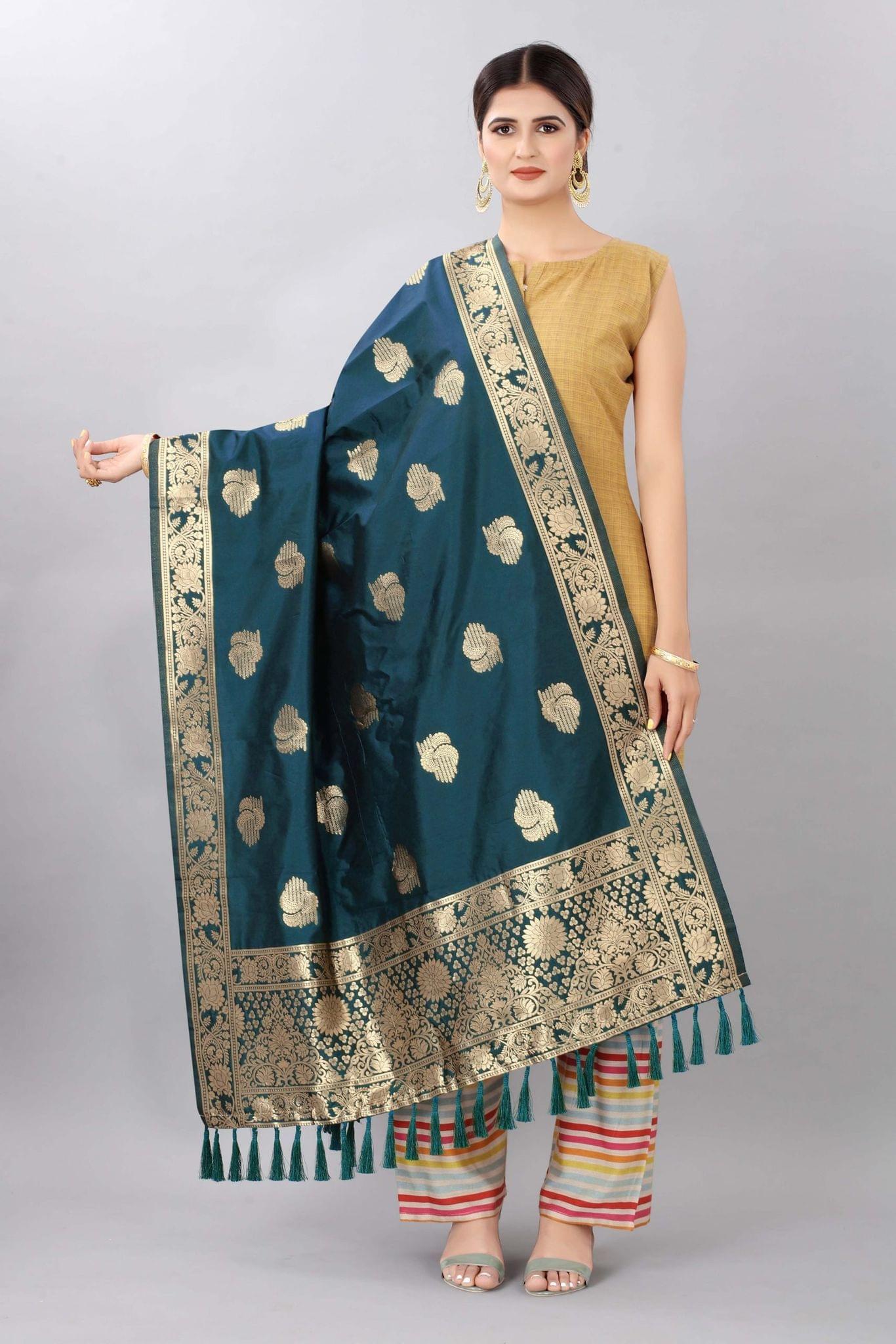 Women Dark Blue &amp; Gold Coloured Jacquared Banarasi Dupatta