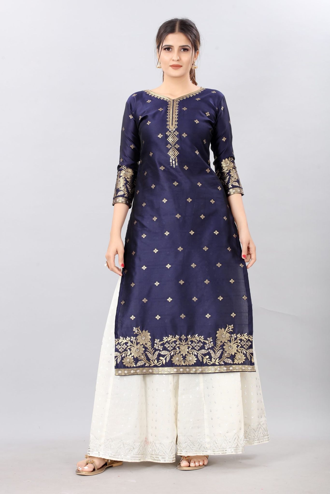 Navy Blue-Gold Toned Unstiched Woven Design Dress Material