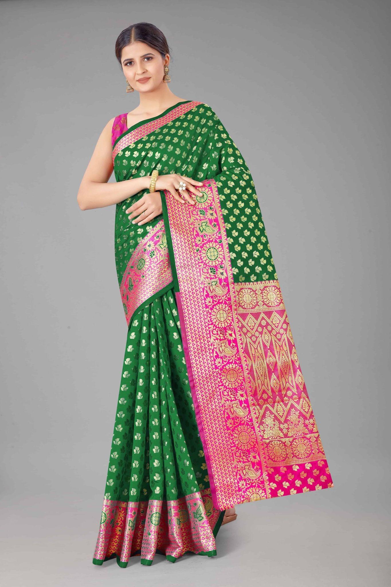 Women's Banarasi Silk Golden Zari Touch Woven Green Saree