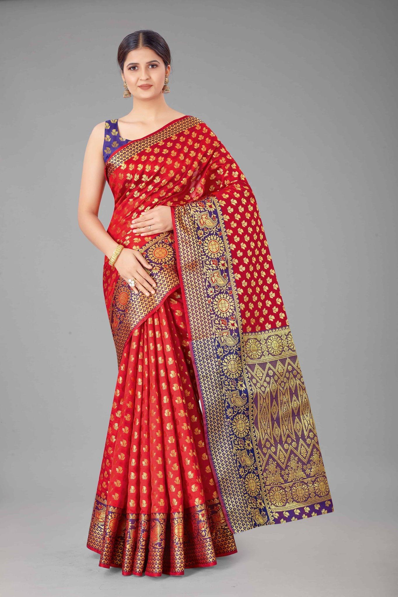 Women's Banarasi Silk Golden Zari Touch Woven Red Saree