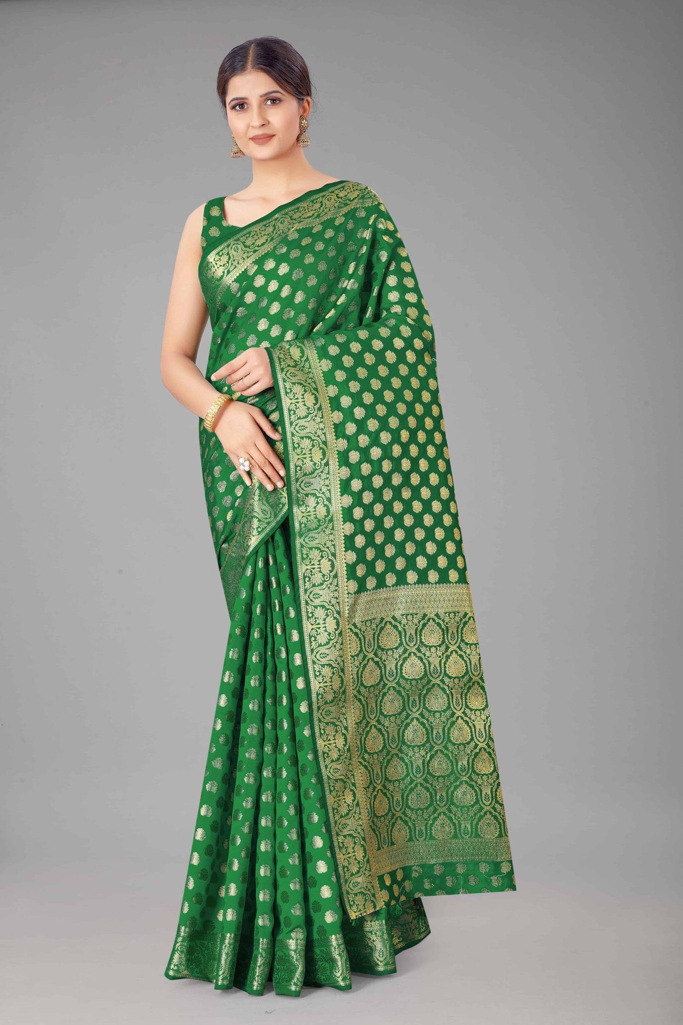 Women's Banarasi Silk Golden Zari Touch Woven Green Saree