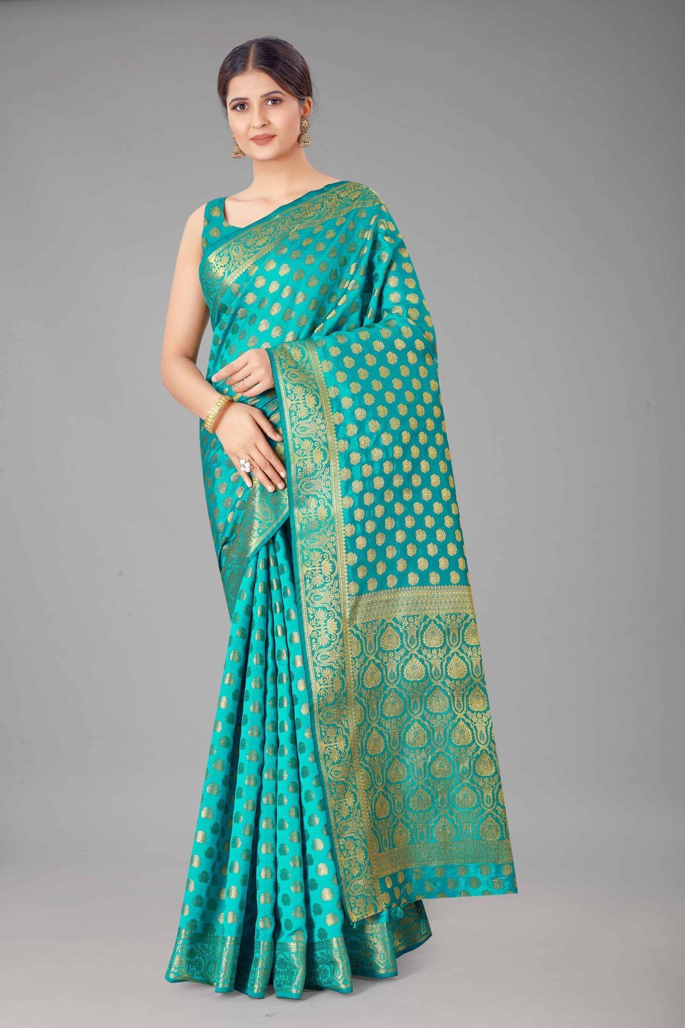 Women's Banarasi Silk Golden Zari Touch Woven Rama Saree