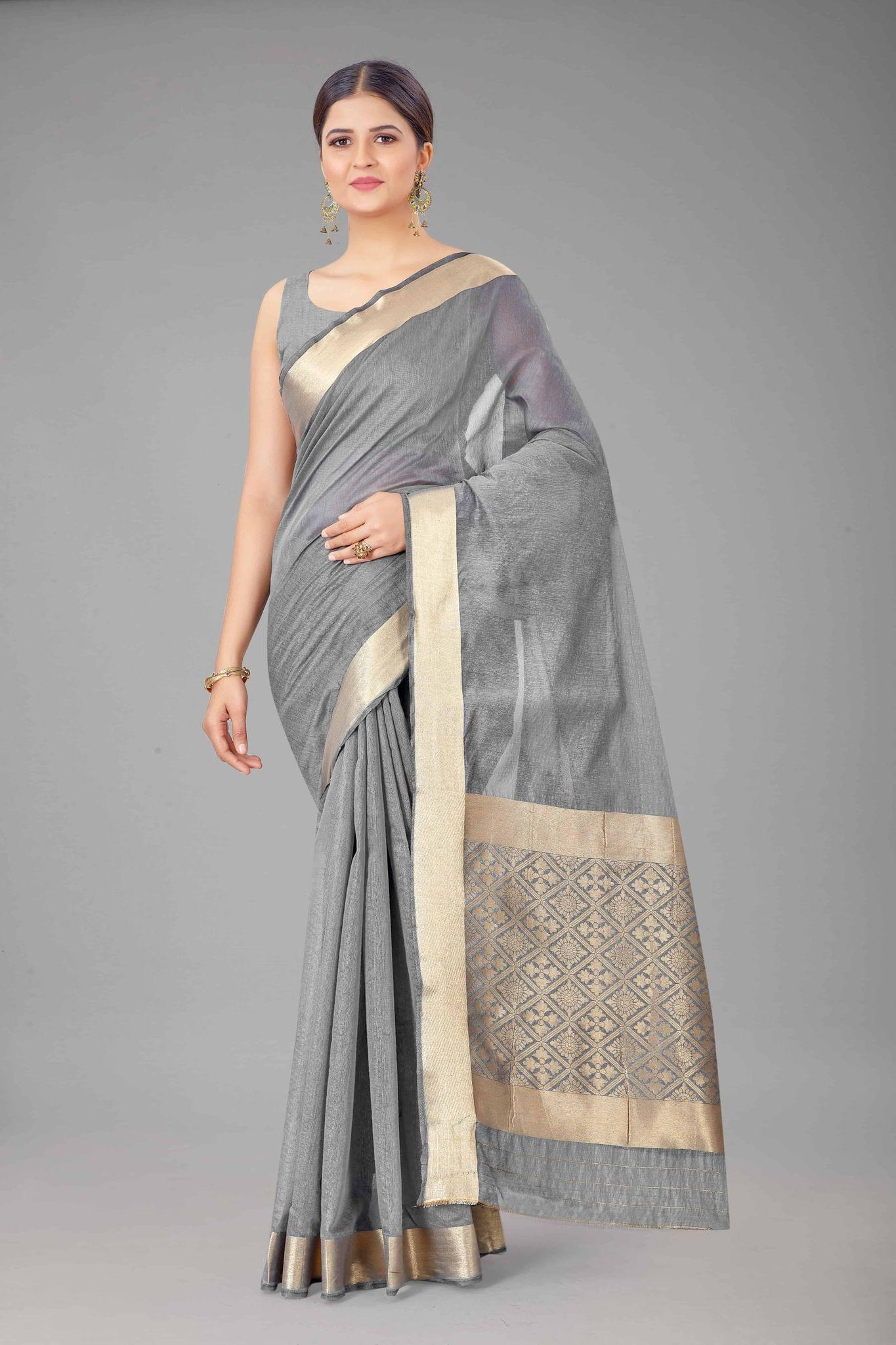 Women's Pure Cotton Golden Zari Touch Woven Grey Saree