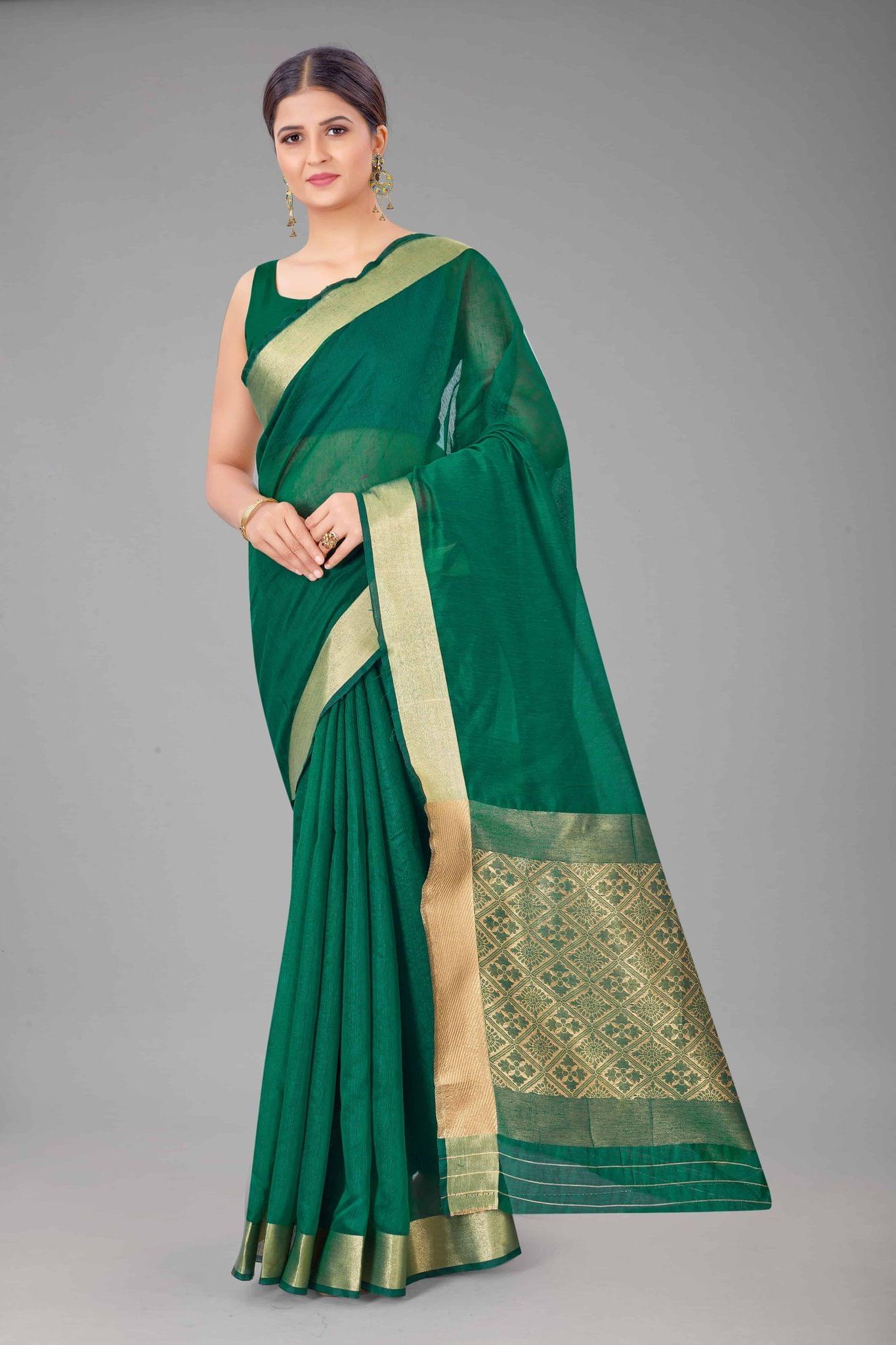 Women's Pure Cotton Golden Zari Touch Woven Green Saree
