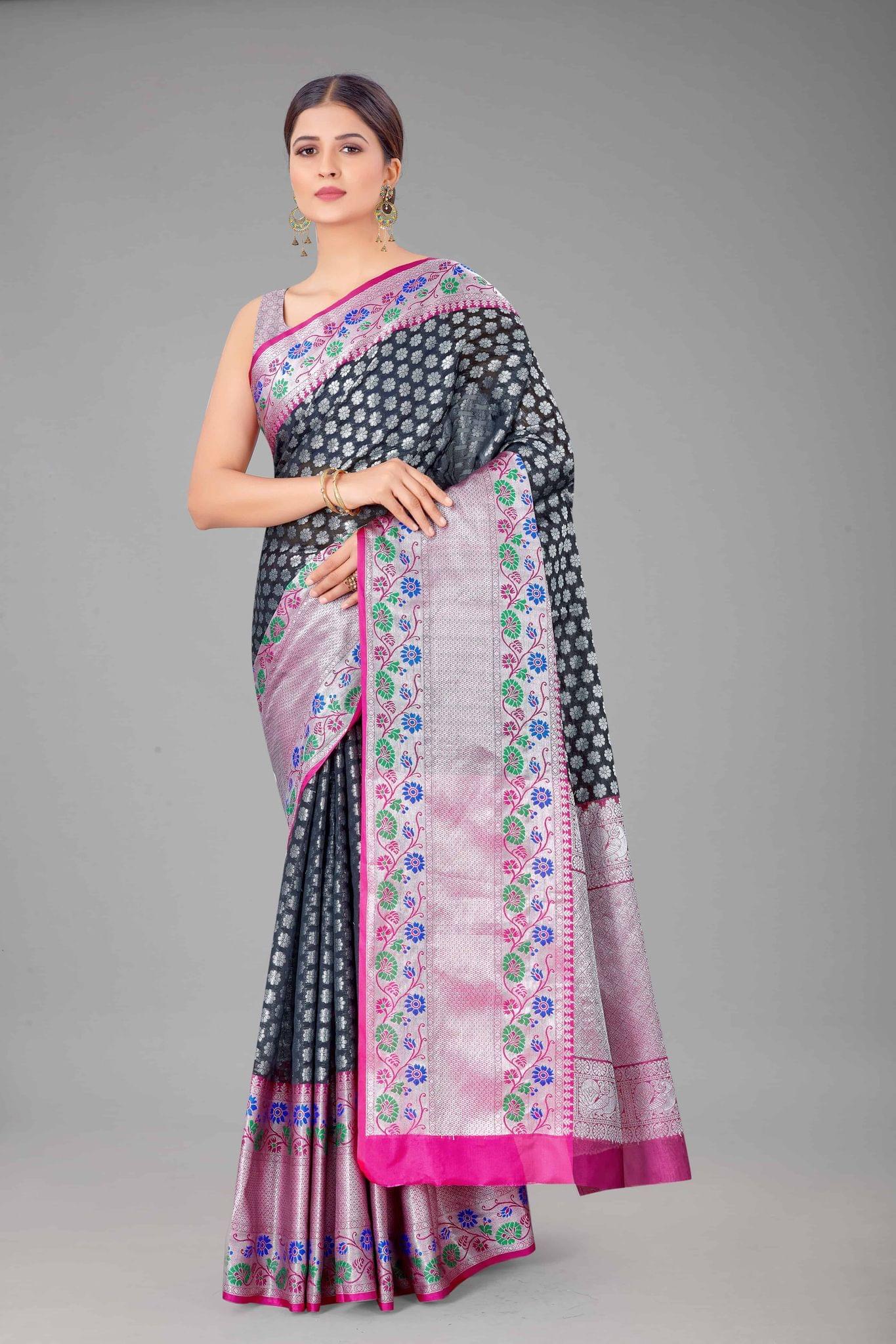 Women's Pure Kanjeevaram Woven Black Saree