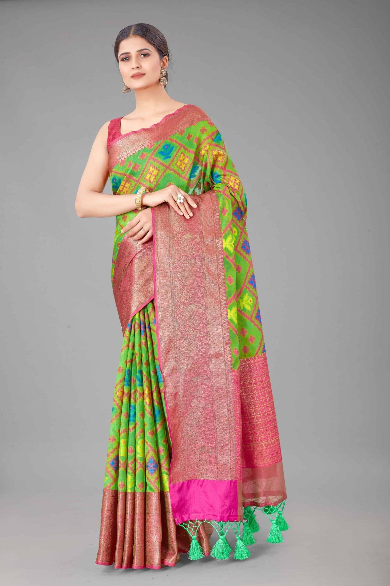 Women's Patola Ikat Woven Green Saree