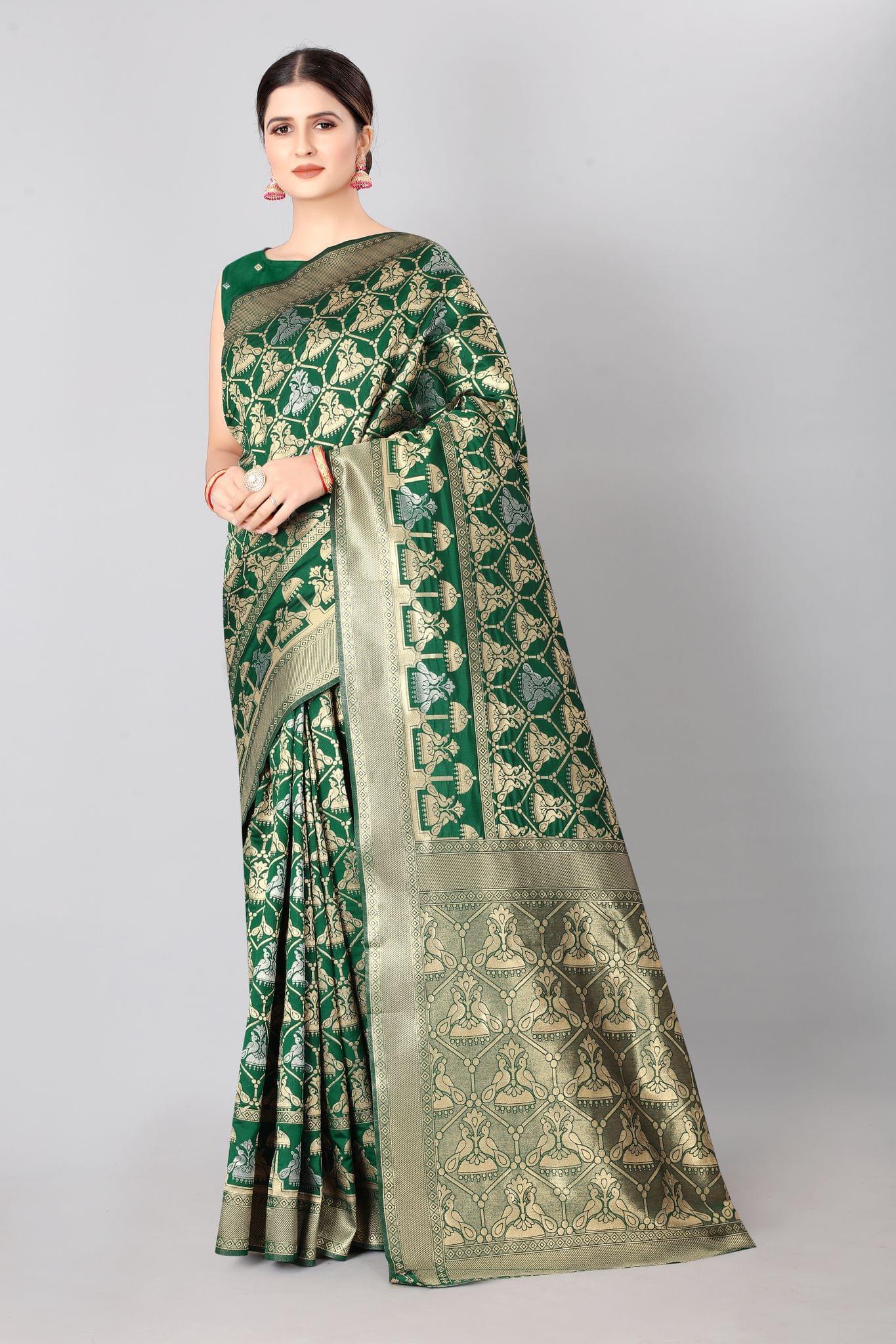 Designer Peacock Figure Gold &amp; Silver Weaving Work Banarasi Silk Saree with Heavy Pallu