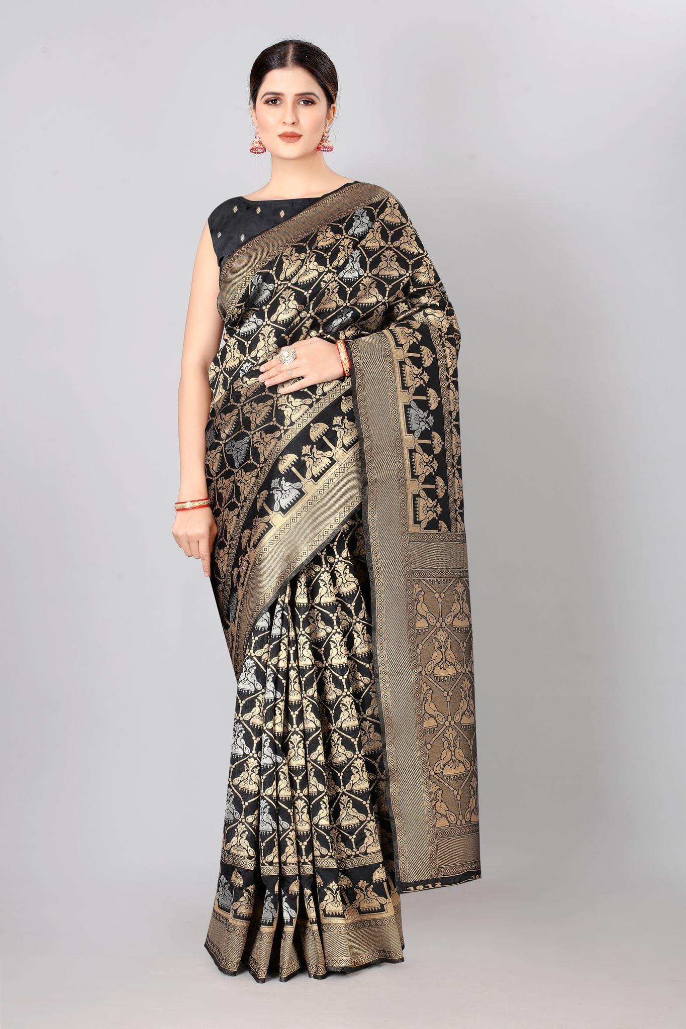 Designer Peacock Figure Gold &amp; Silver Weaving Work Banarasi Silk Saree with Heavy Pallu