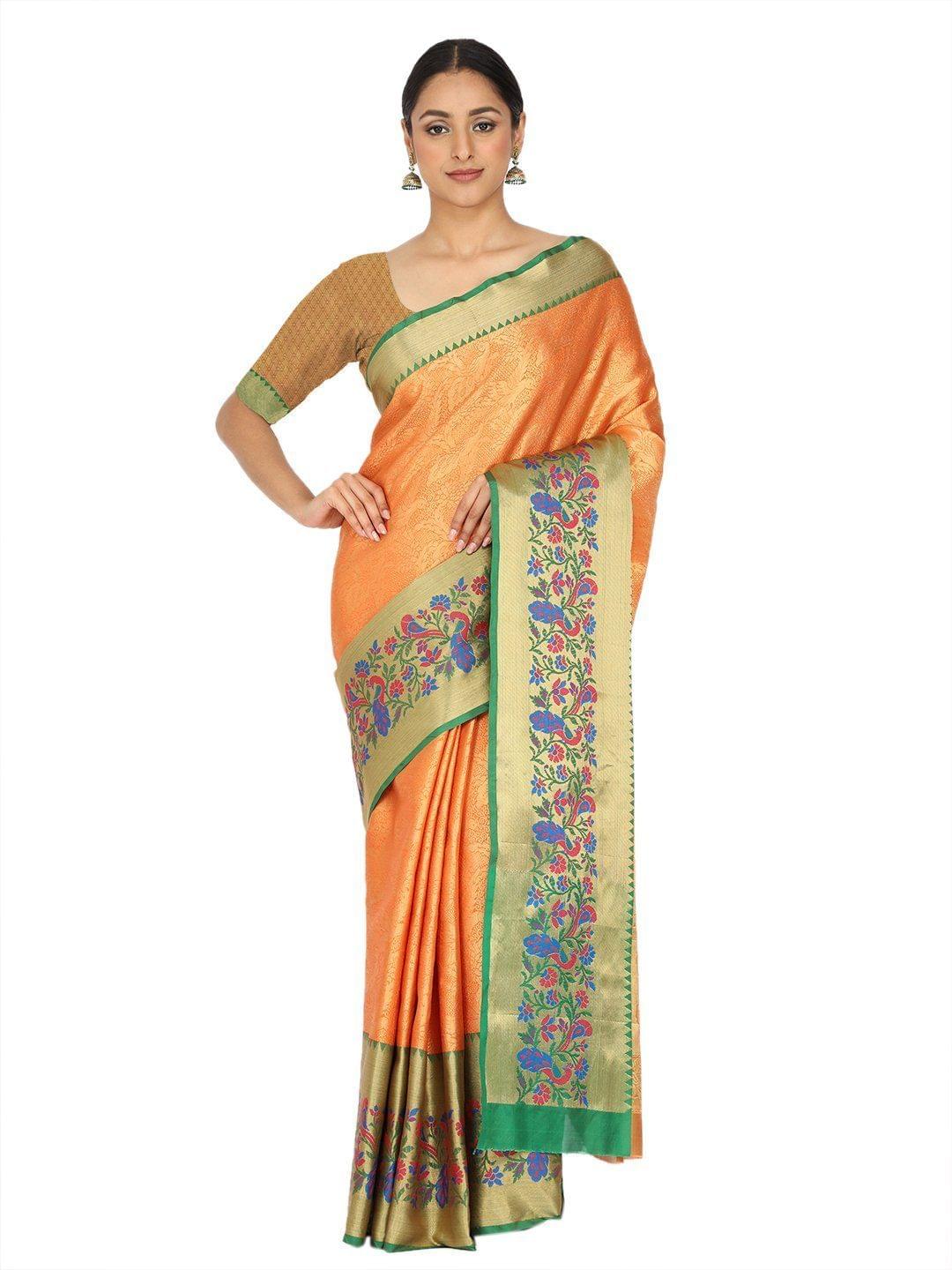 Orange-Gold Toned Woven Design Saree