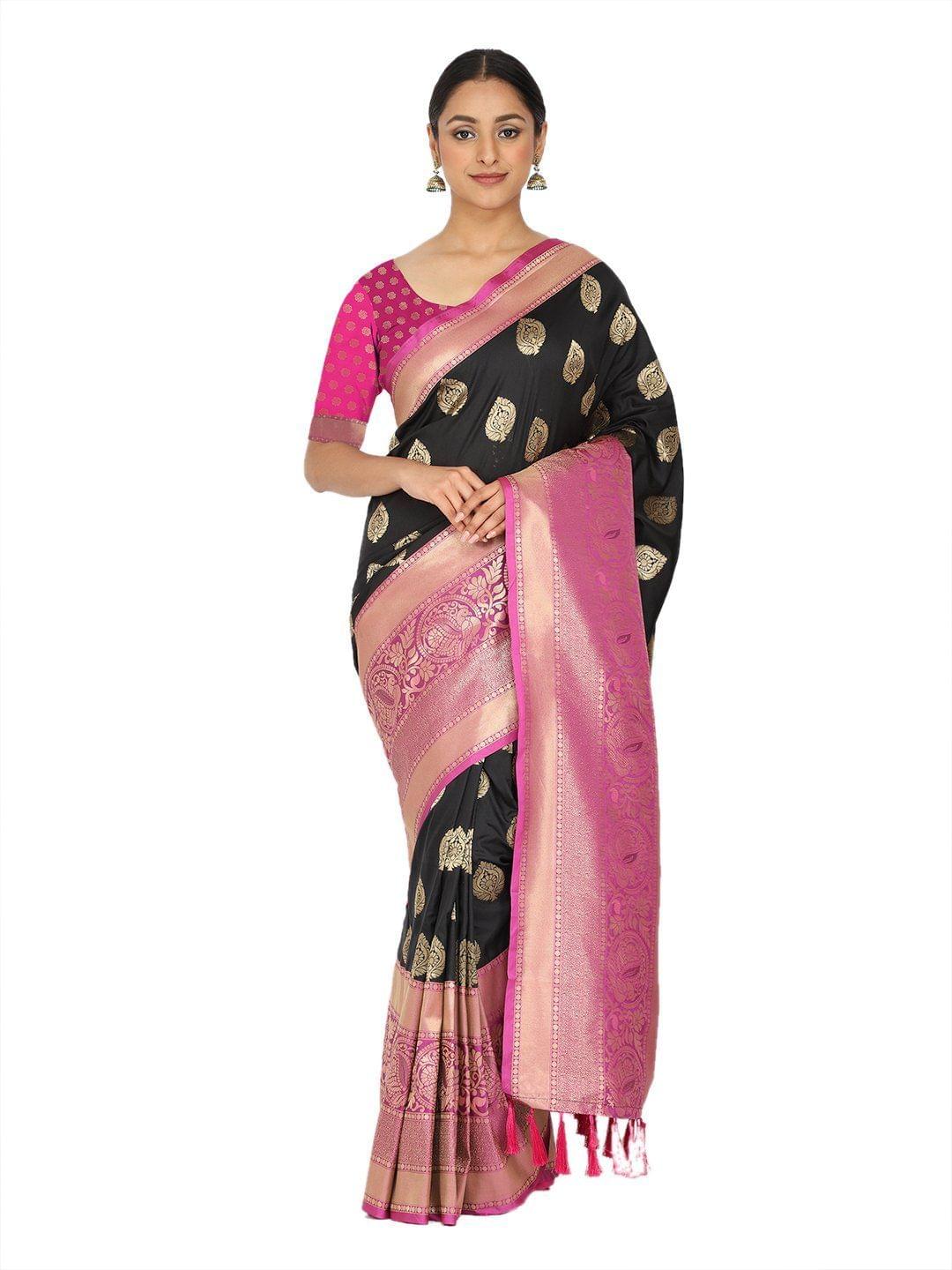 Black-Golden Toned Woven Design Banarasi Silk Saree