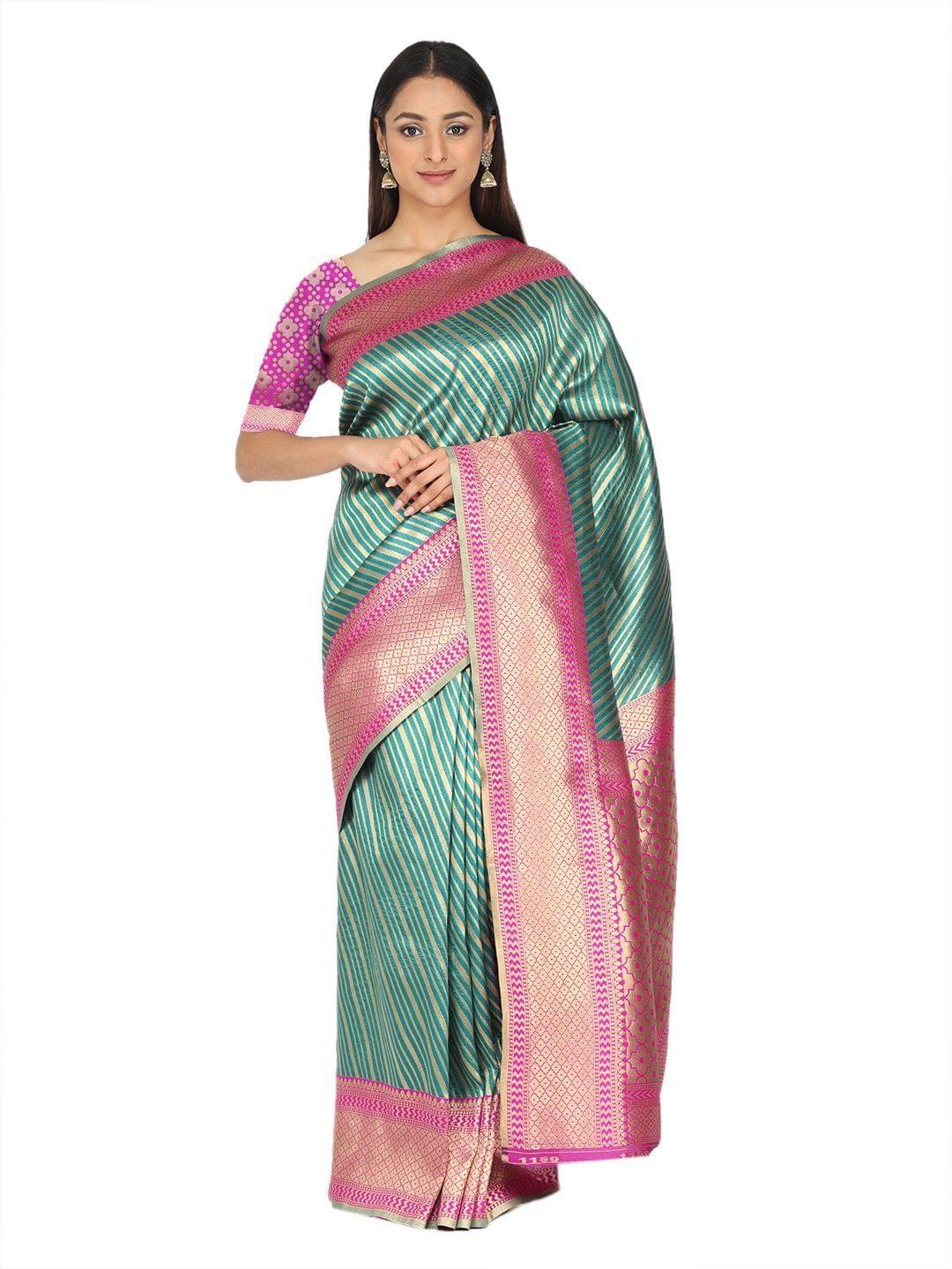 Teal Green Gold Toned Woven Design Kanjeewarm Silk Saree