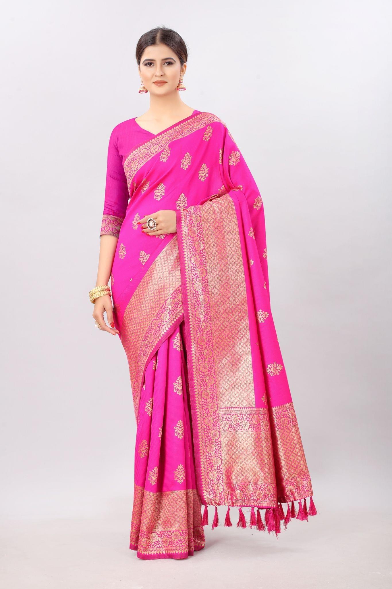 Women'sPinkBanarasiSilkWovenDesignSaree