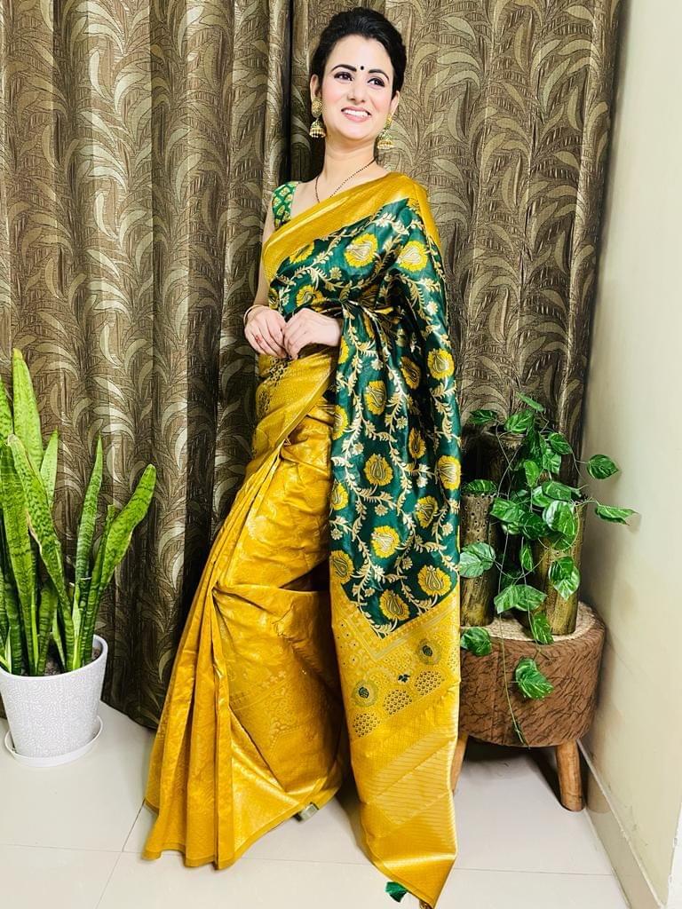 Yellow &amp; Green with Gold Touch Kanjeevaram Silk Woven Saree