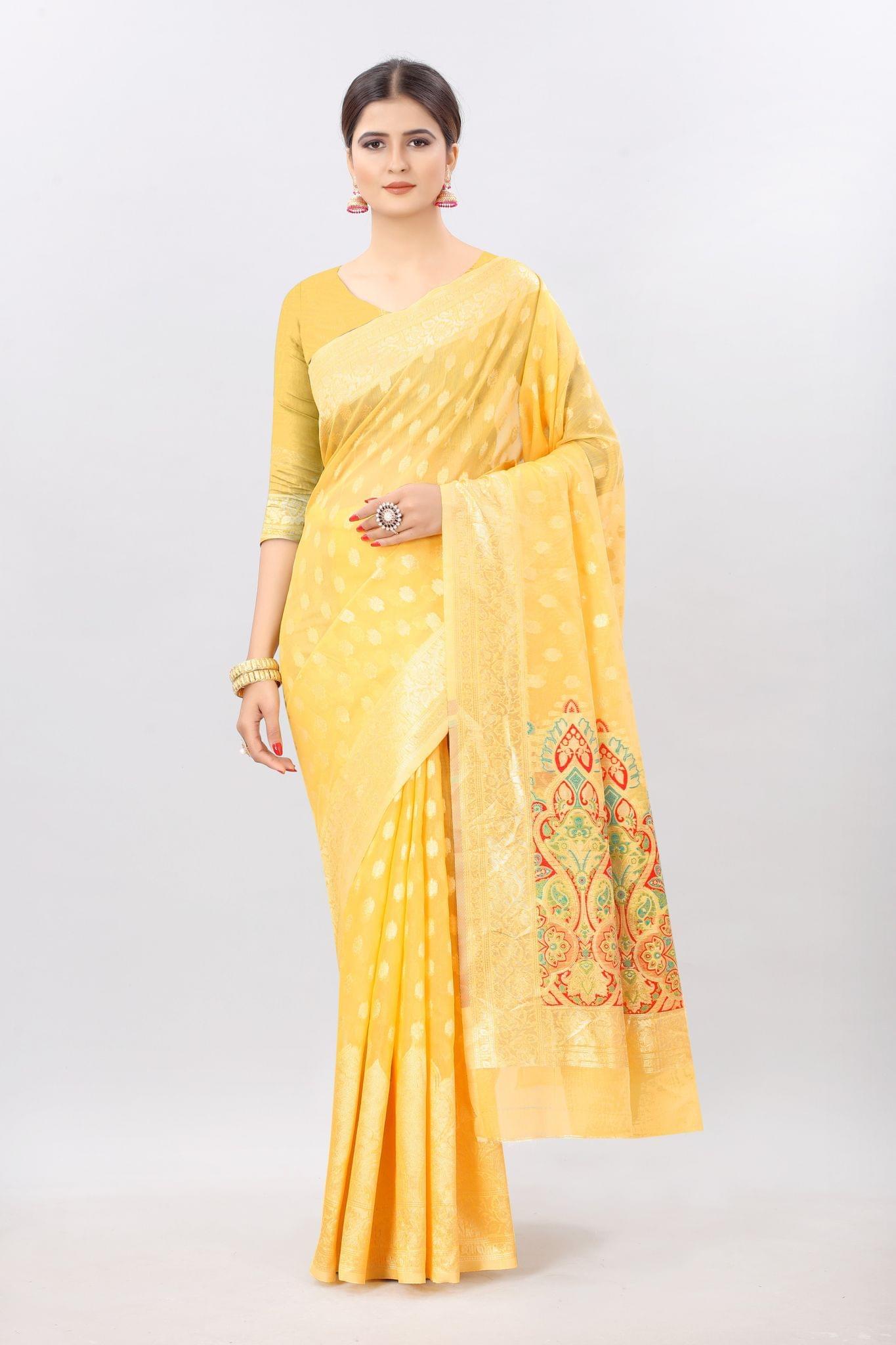 Women'sYellowCottonWovenSaree