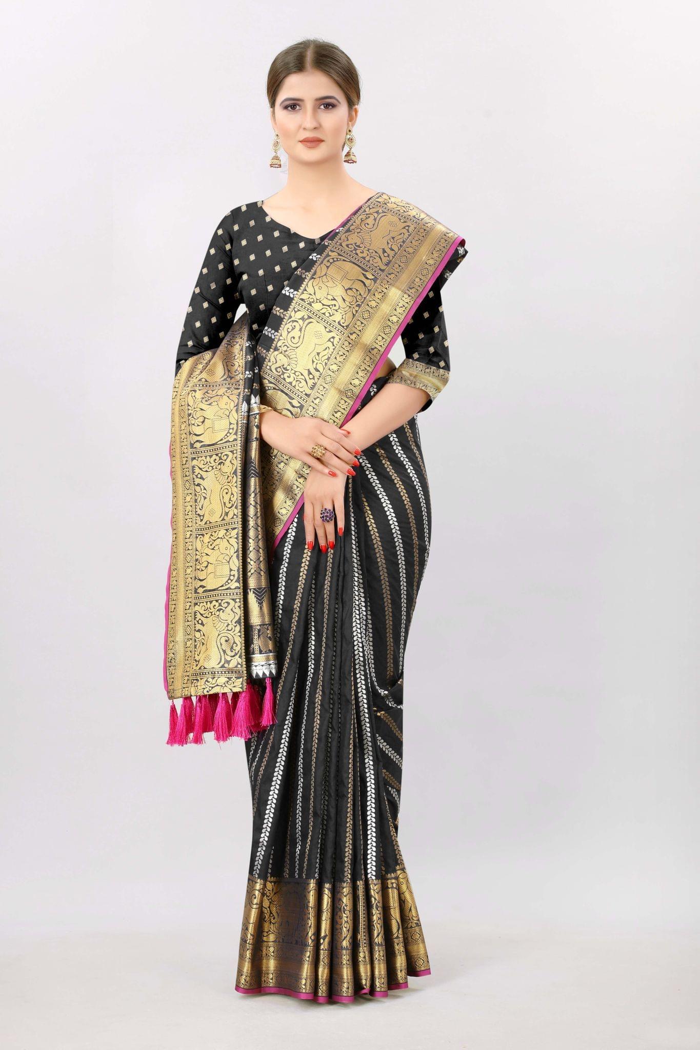 Black-Gold Toned Woven Kanjeevaram Silk Saree