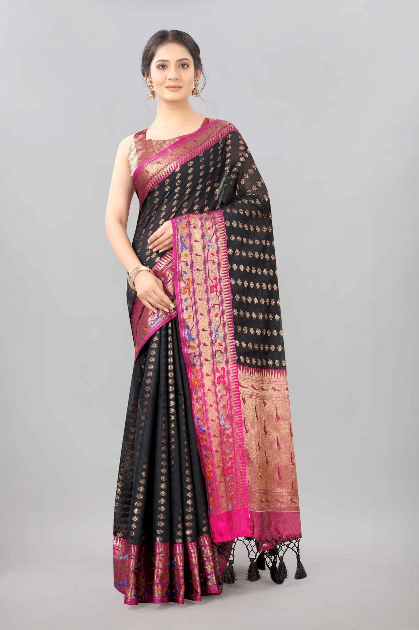 Black &amp; Gold Zari Woven Cotton Saree