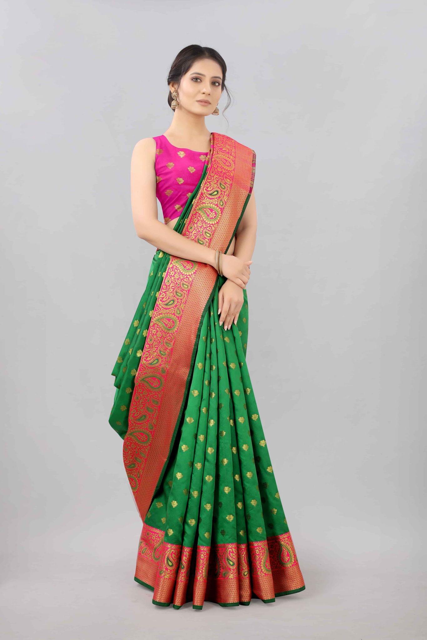 Green &amp; Gold Zari Woven Banarasi Silk Saree