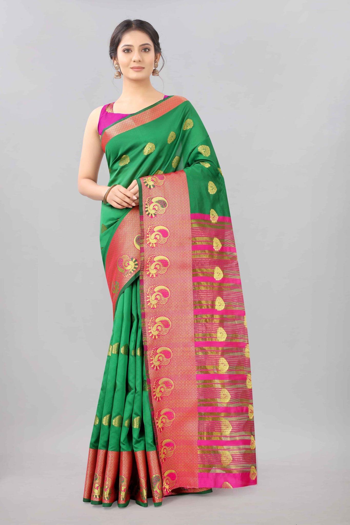 Green &amp; Gold Zari Woven Banarasi Silk Saree