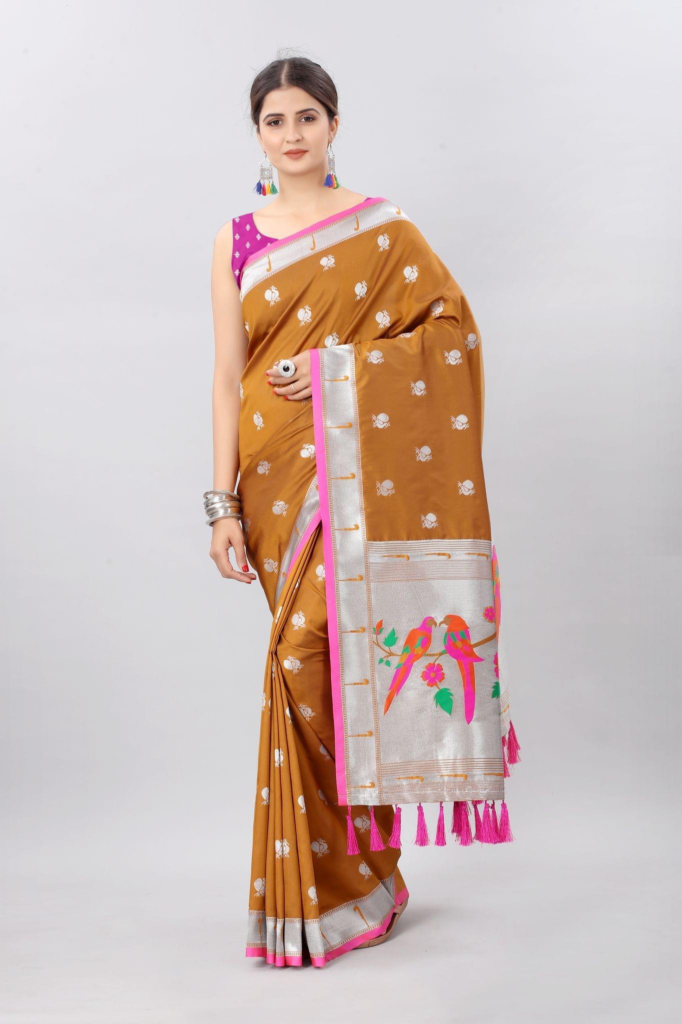 Mustard &amp; Gold Toned Woven Soft Silk Banarasi Saree