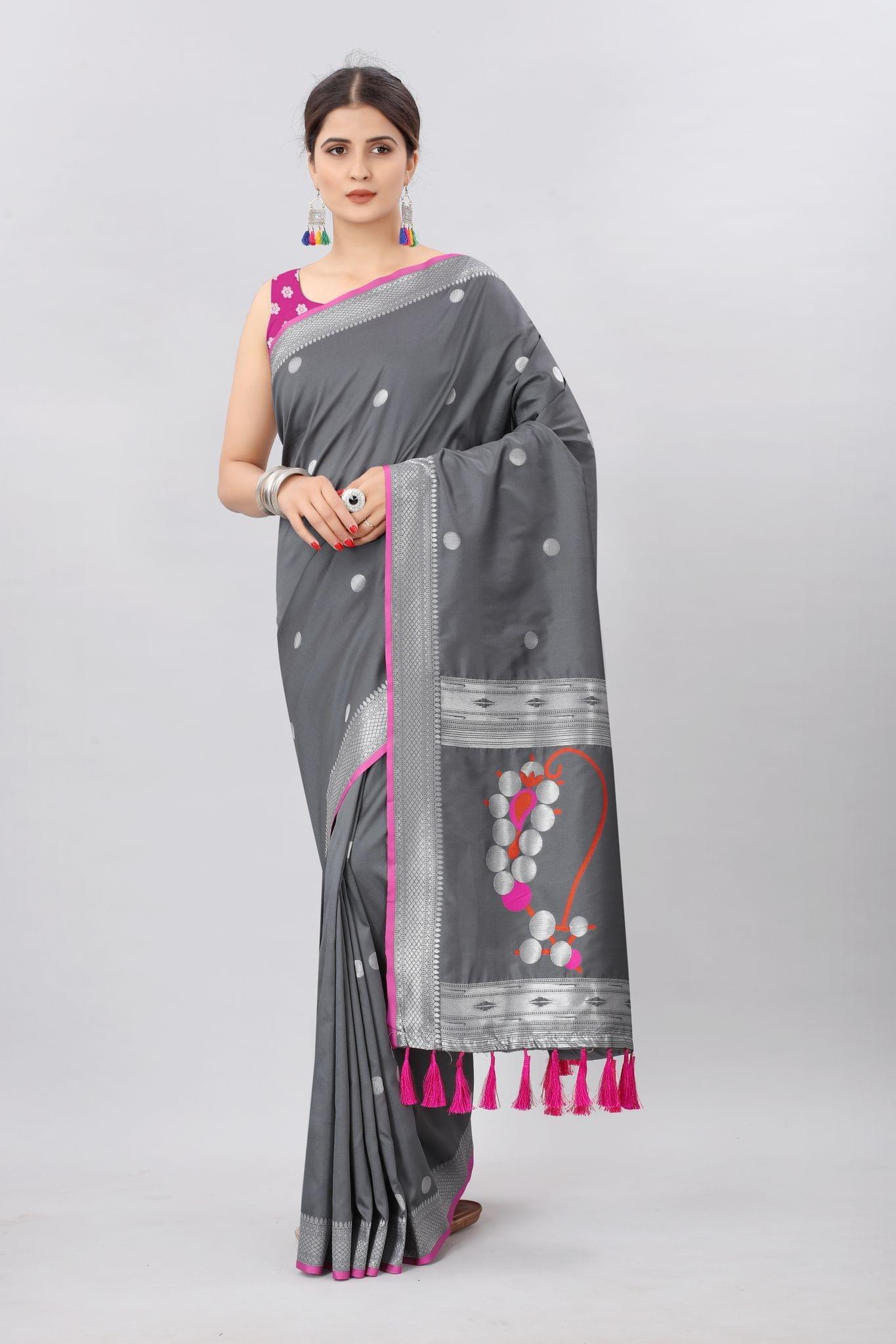 Grey &amp; Gold Toned Woven Soft Silk Banarasi Saree