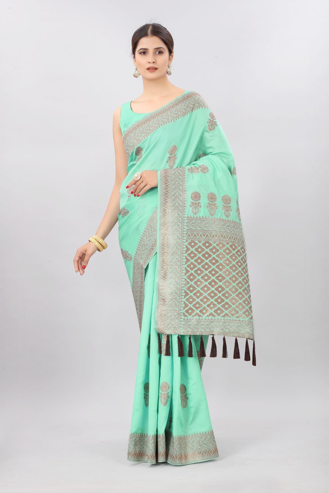 Teal Green &amp; Gold Toned Woven Soft Silk Kanjeevaram Saree