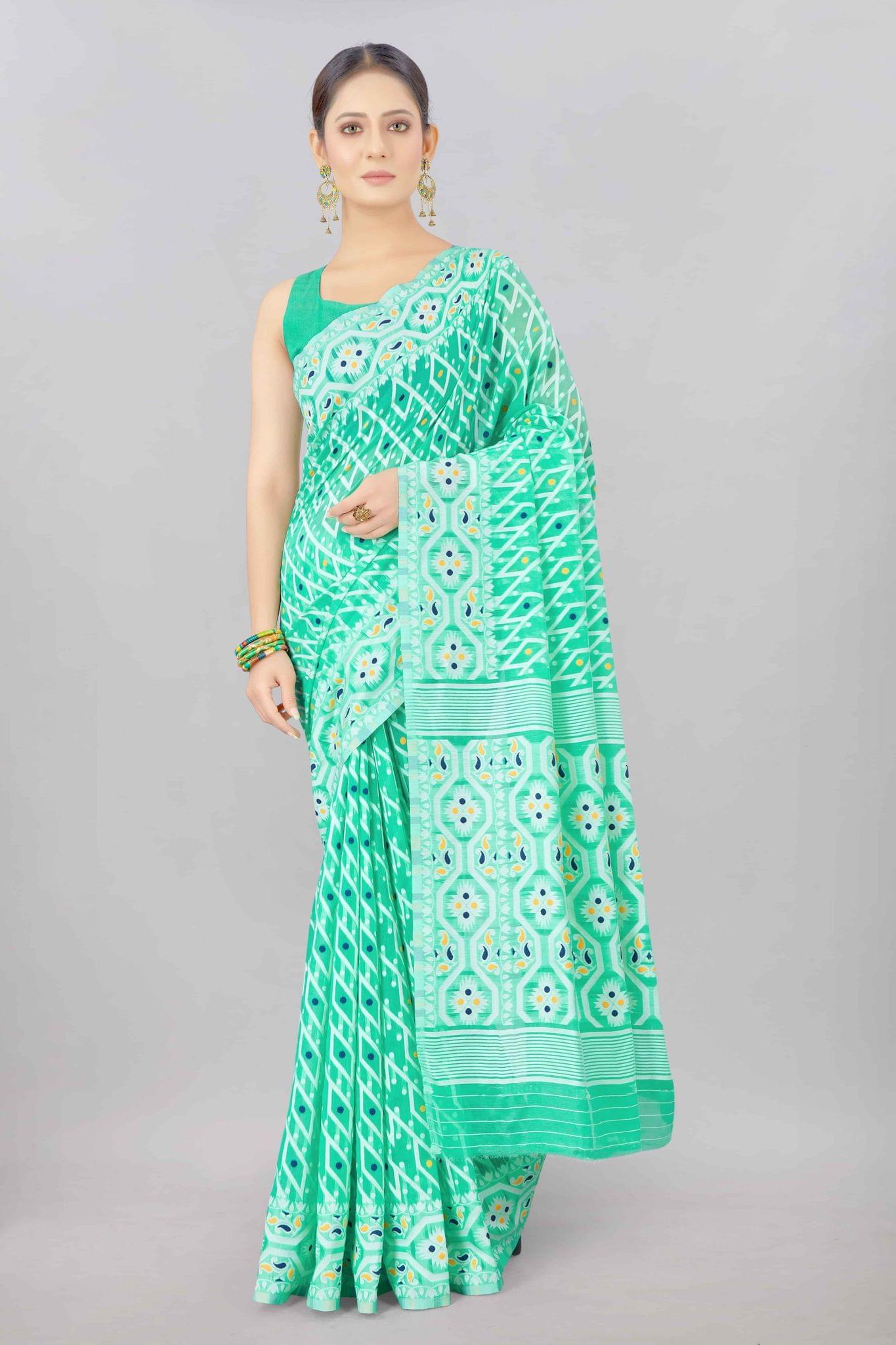 Teal Woven Jamdani Cotton Silk Saree