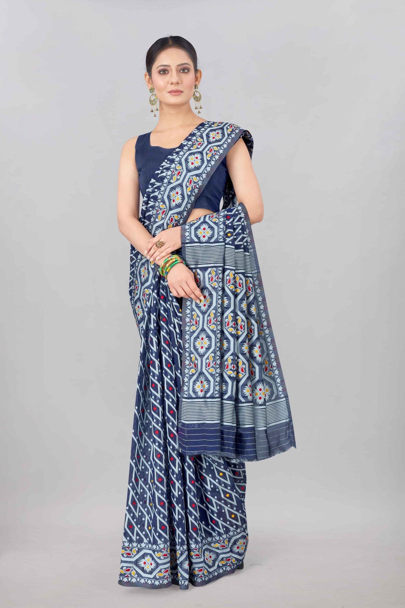 Navy Blue Woven Jamdani Cotton Silk Saree